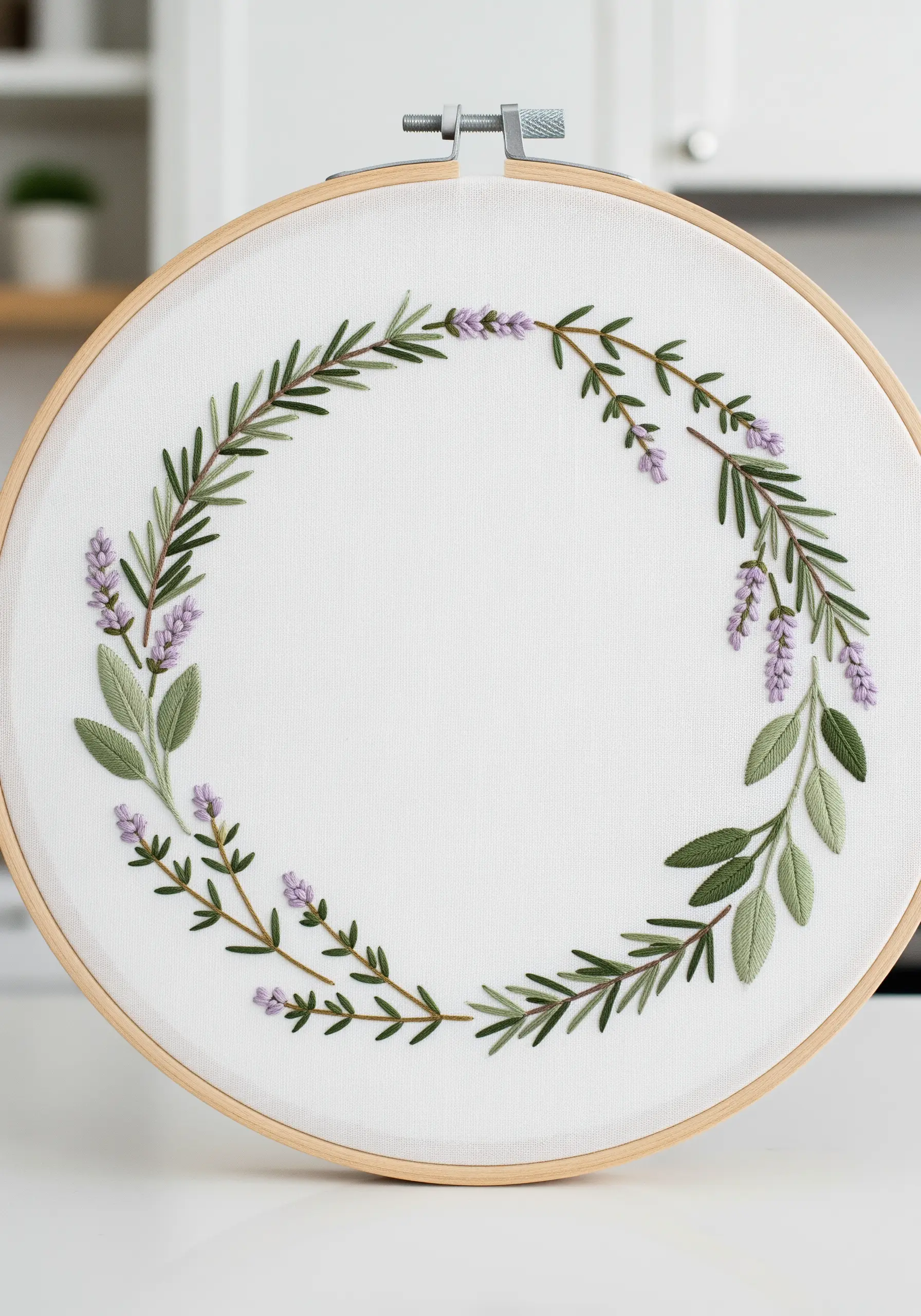 A minimalist herbal wreath with embroidered lavender, rosemary, and sage on white fabric.