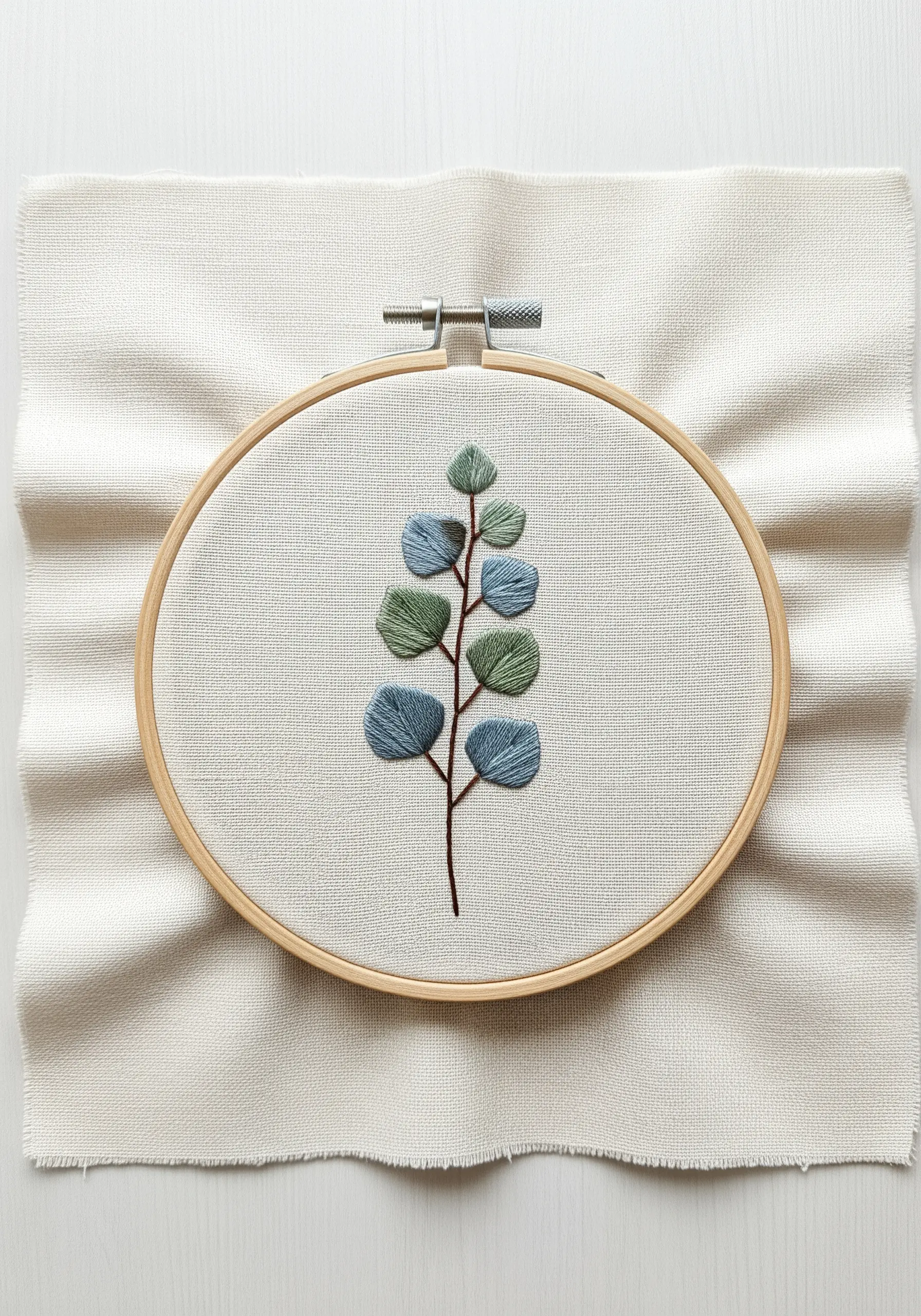 Embroidered eucalyptus branch with green and blue satin-stitched leaves.