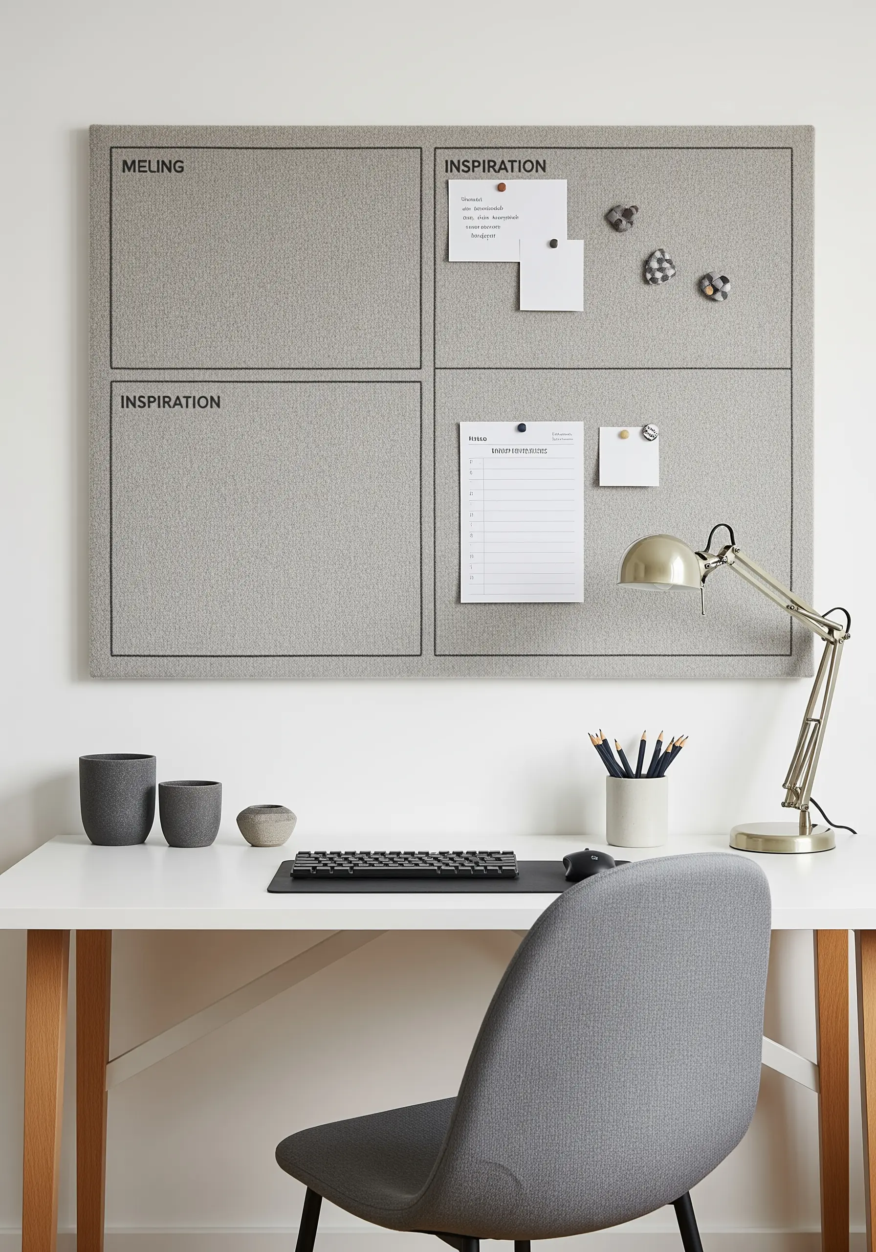 A grey fabric-covered notice board with minimalist black embroidered lines and text.
