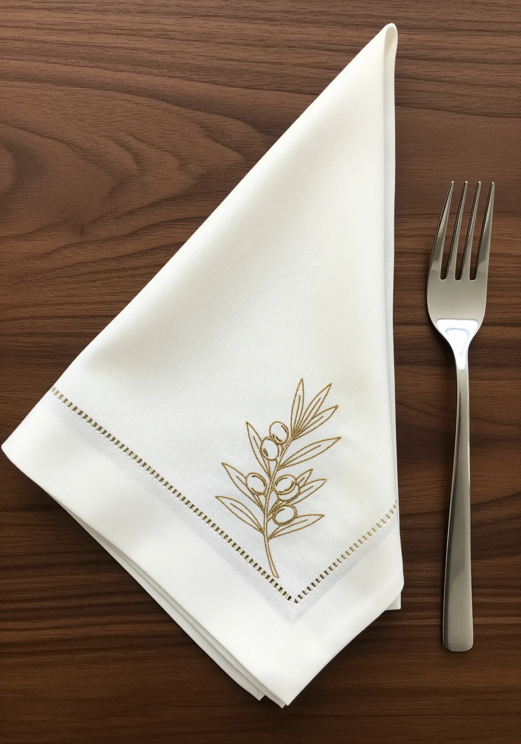 Gold thread olive branch embroidery on a white linen napkin.
