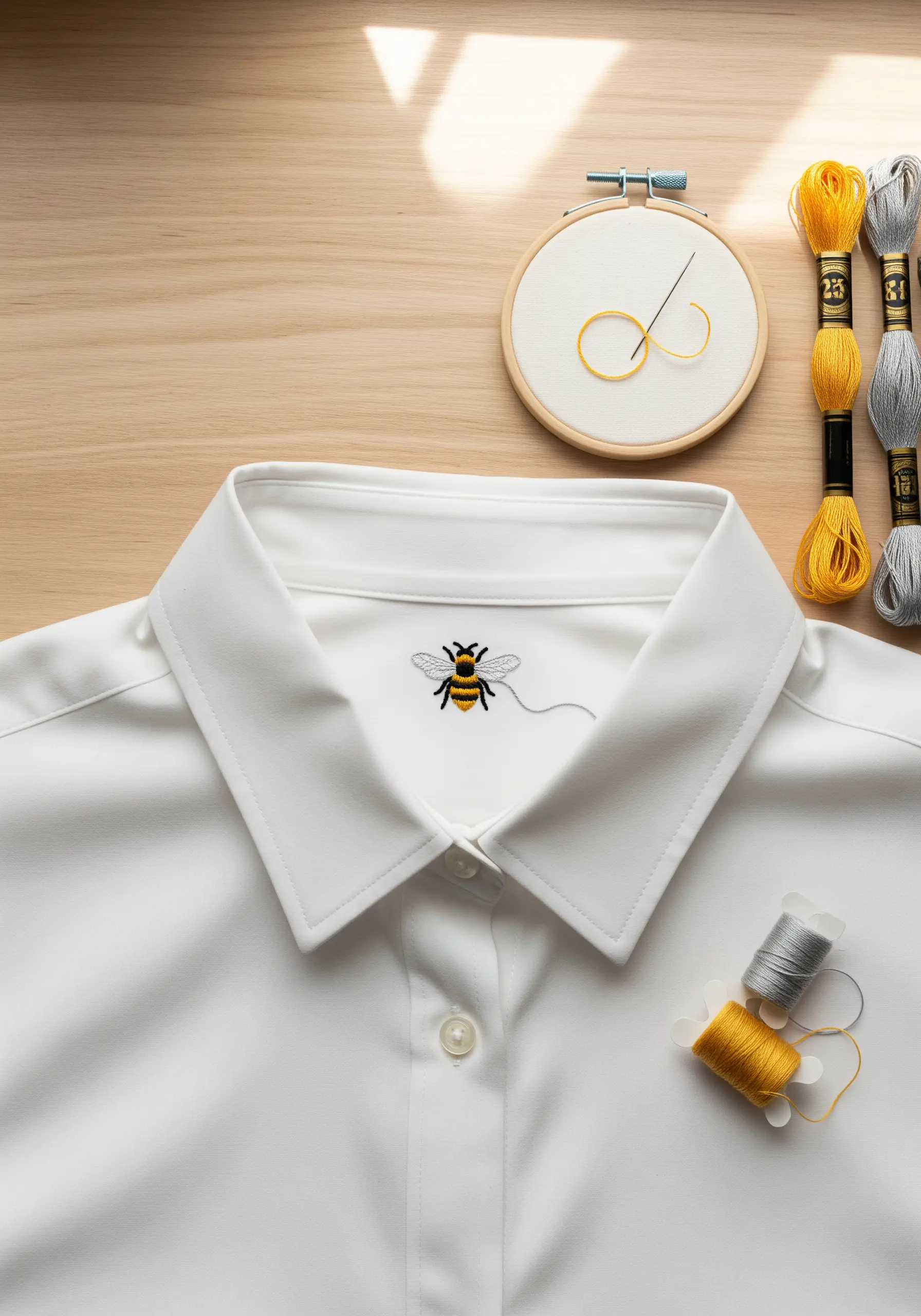 A tiny embroidered bee with a trailing thread on the collar of a white shirt.