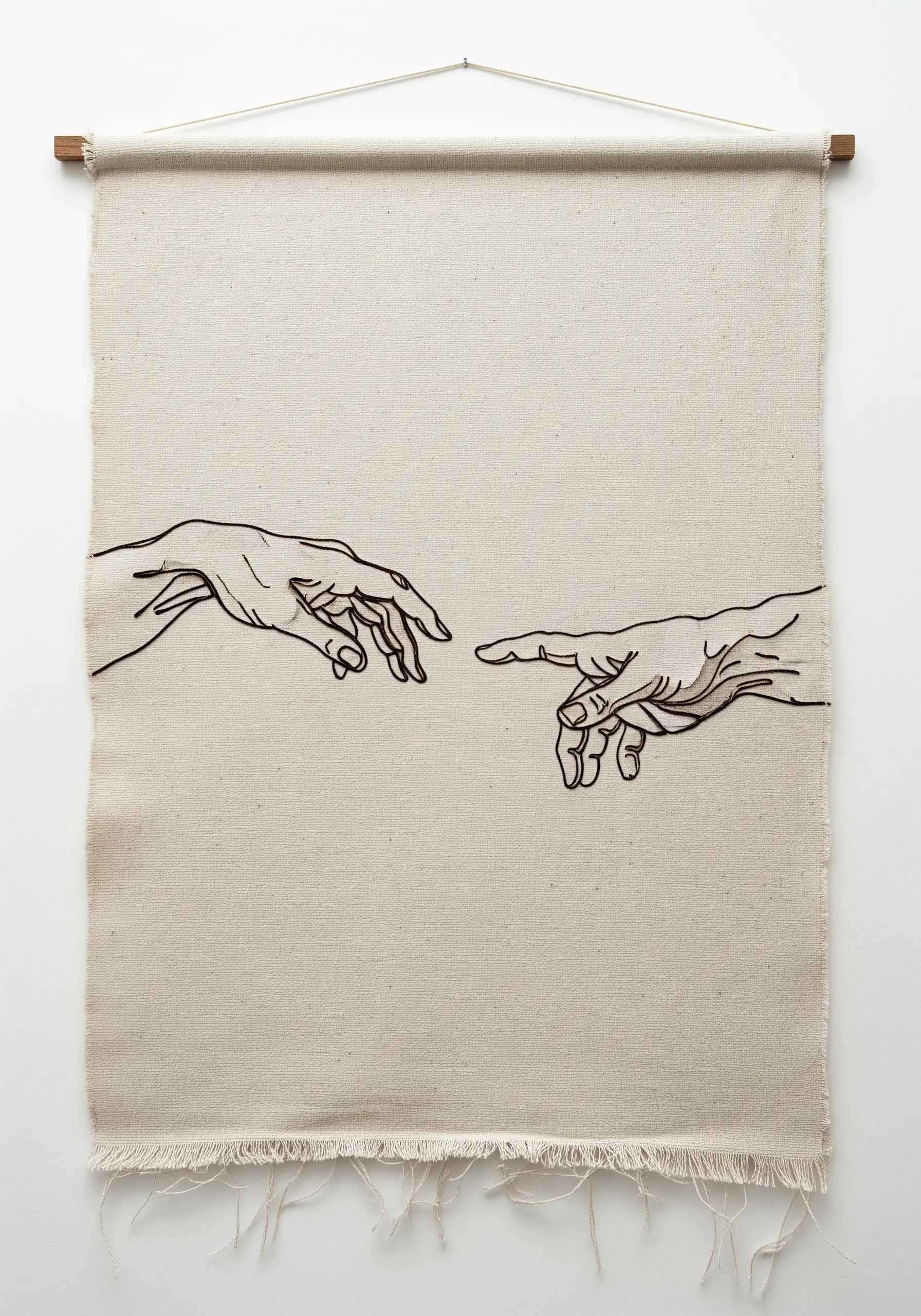 Line art of 'The Creation of Adam' hands stitched on a rustic linen wall hanging.