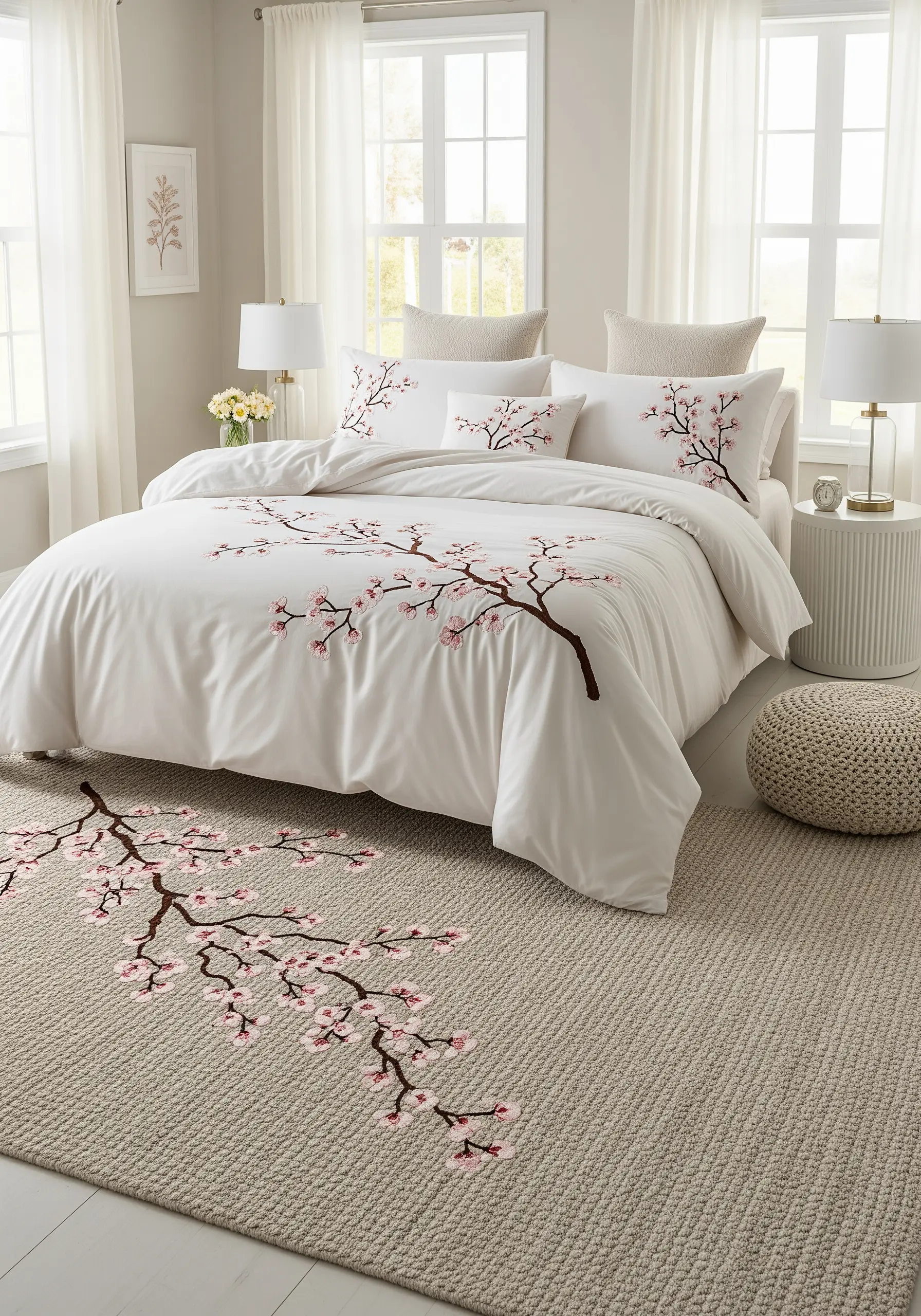 Matching embroidery of cherry blossom branches on a duvet cover, pillows, and area rug.