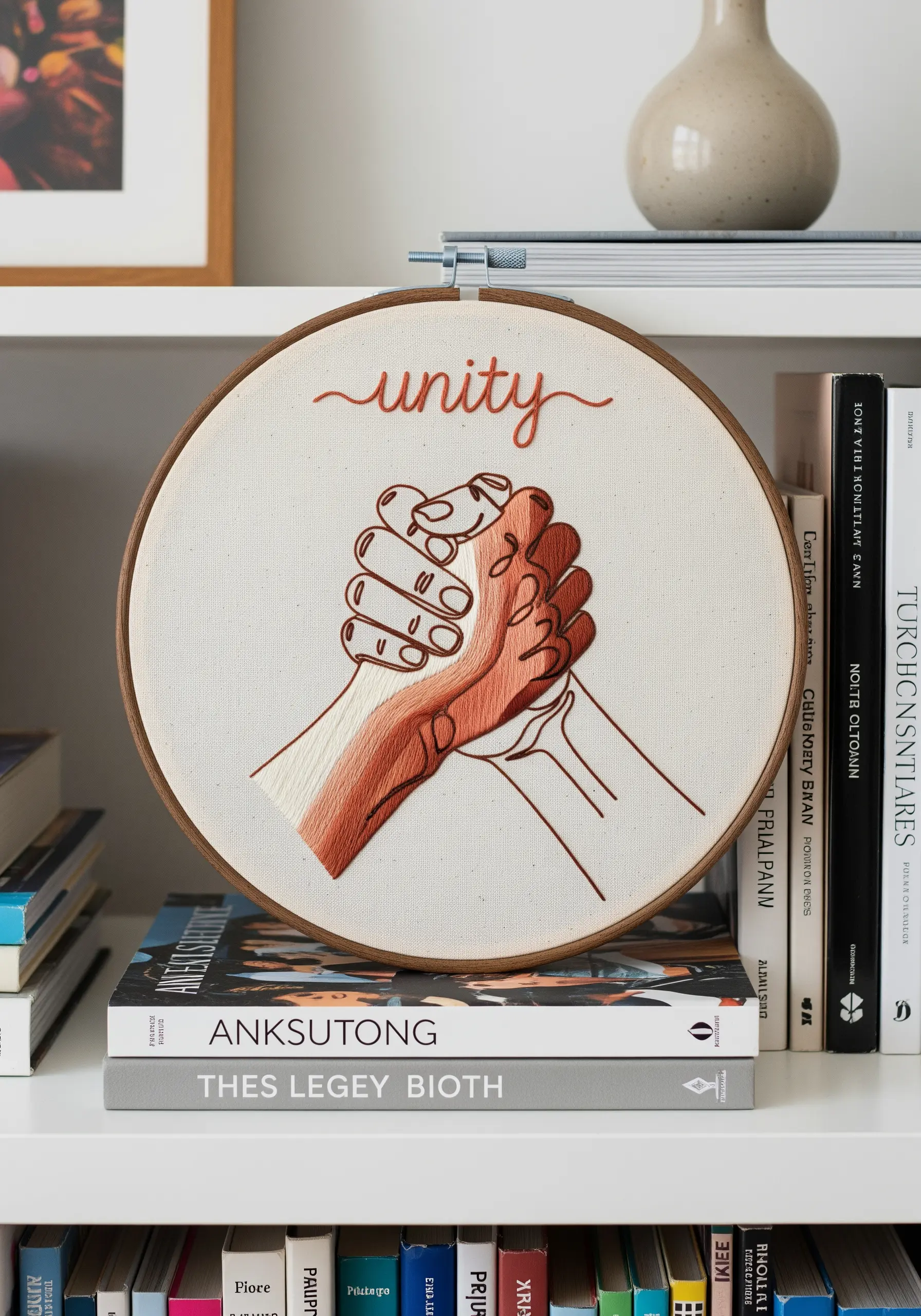 Embroidered hands in a unity handshake with a warm color gradient fill.