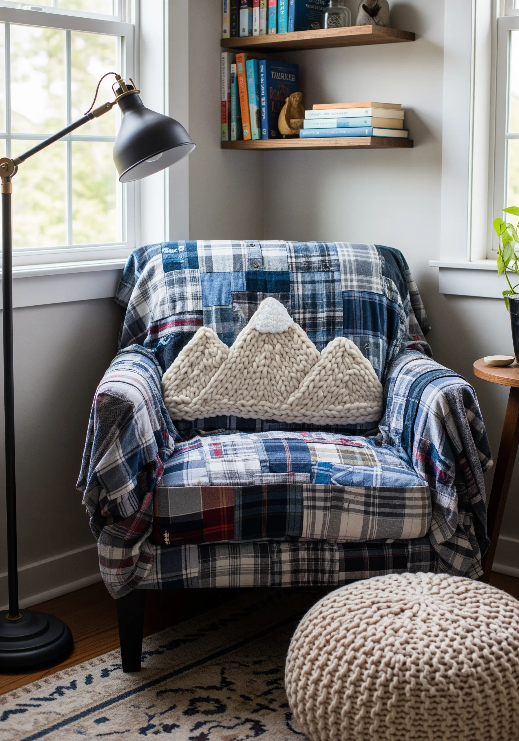 Chunky wool yarn embroidery on a mountain-shaped pillow against a patchwork flannel chair.