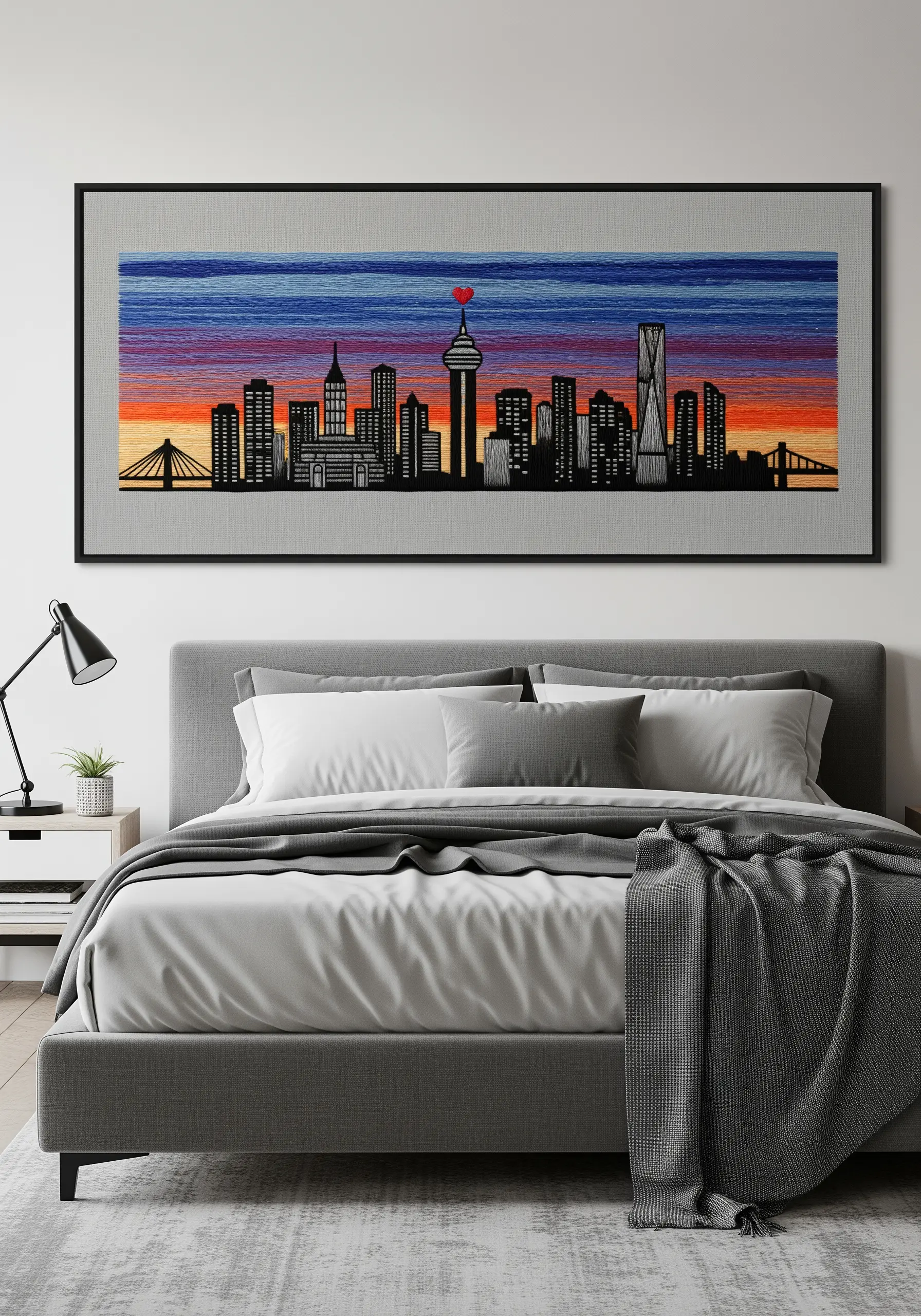 An embroidered city skyline against a colorful sunset, with a tiny red heart on a tower.