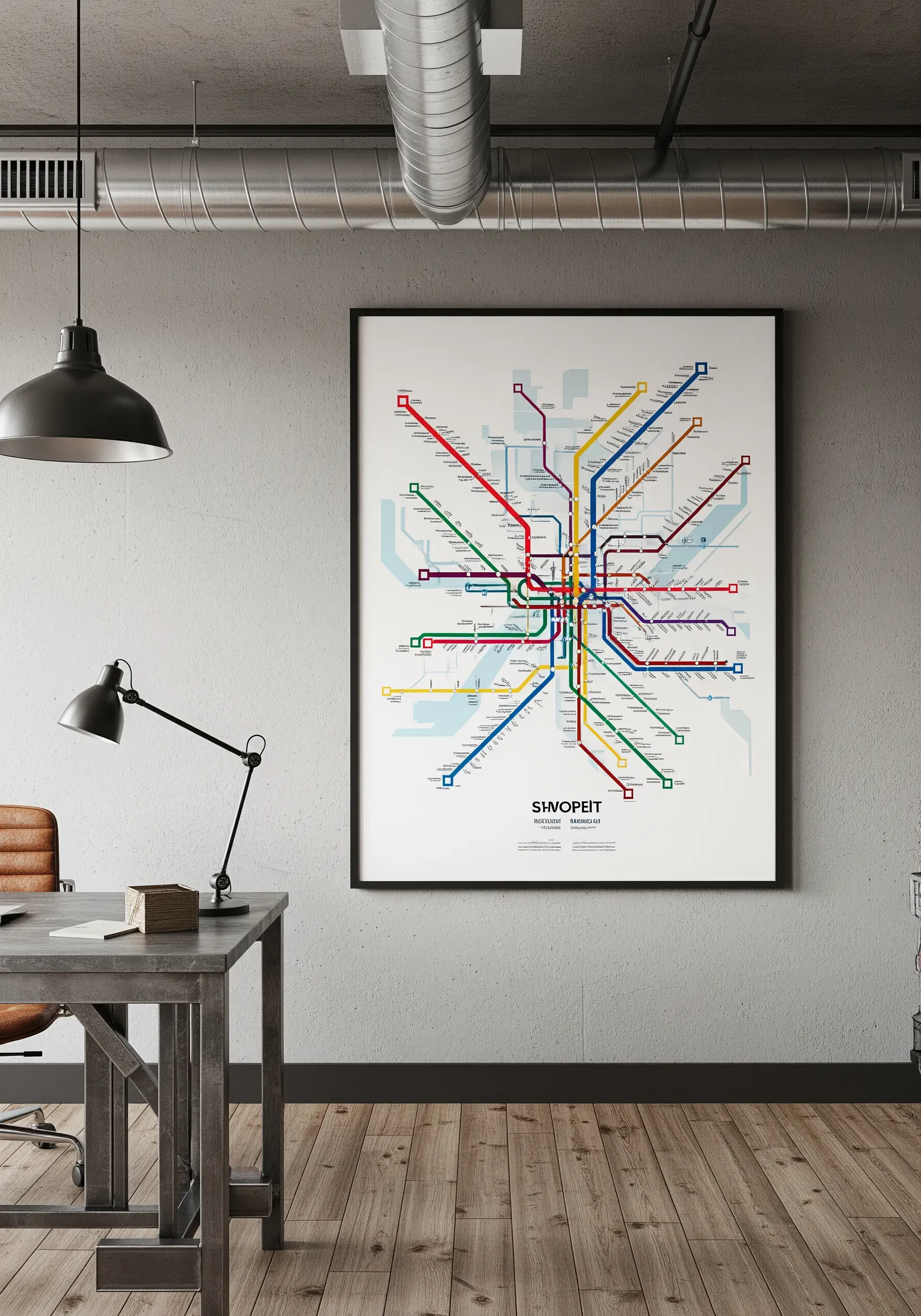 A framed, embroidered subway map with colorful, intersecting lines on a white background.