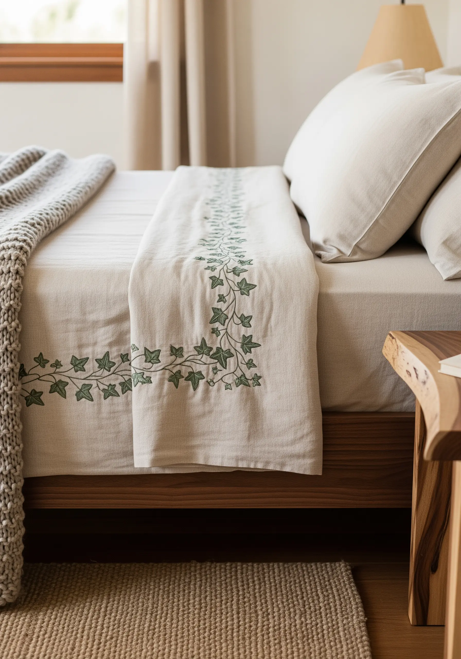 An ivy vine border embroidered in green thread on a natural linen flat sheet.