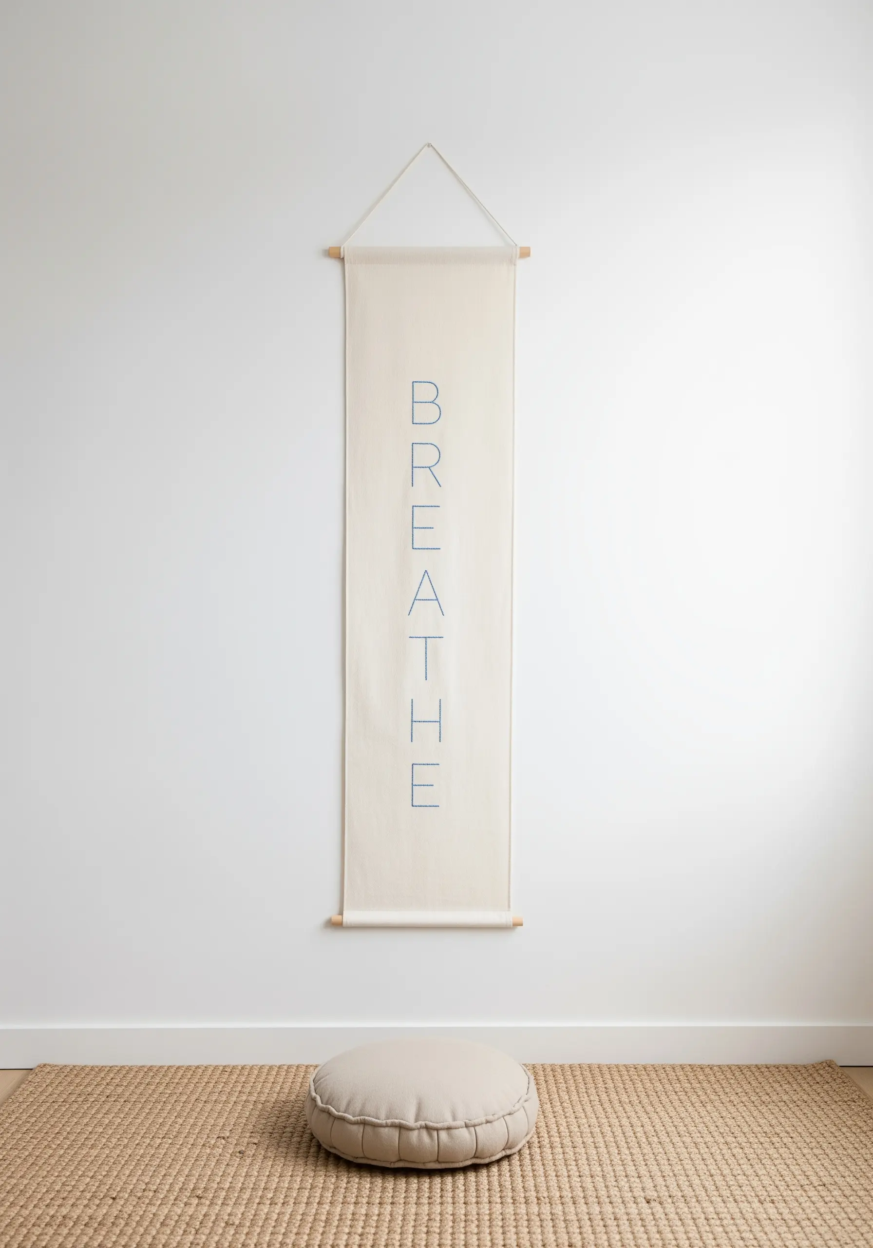 The word 'BREATHE' stitched vertically in thin blue letters on a long, cream-colored wall banner.
