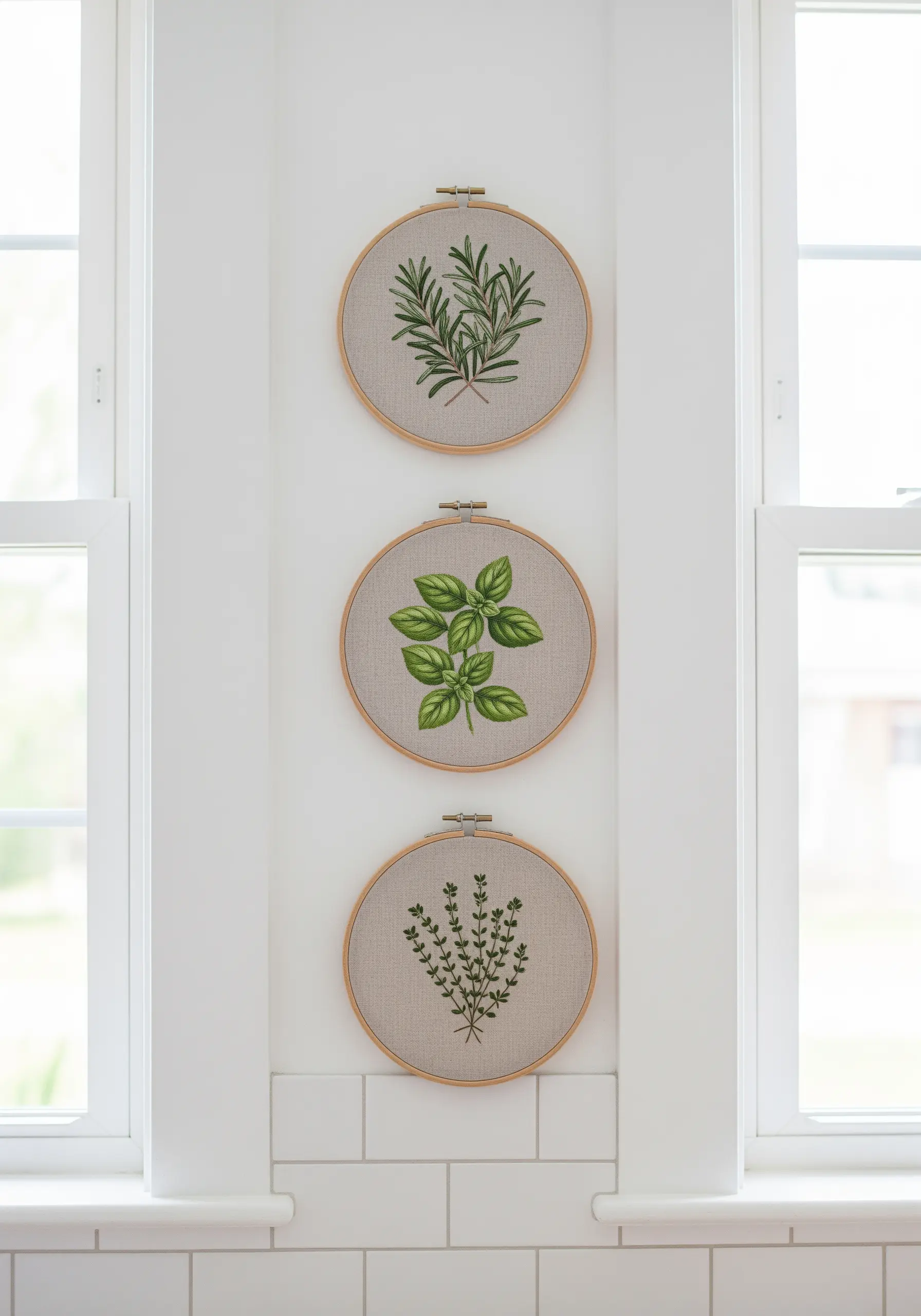 Three vertically stacked embroidery hoops with realistic herb designs—rosemary, basil, and thyme.