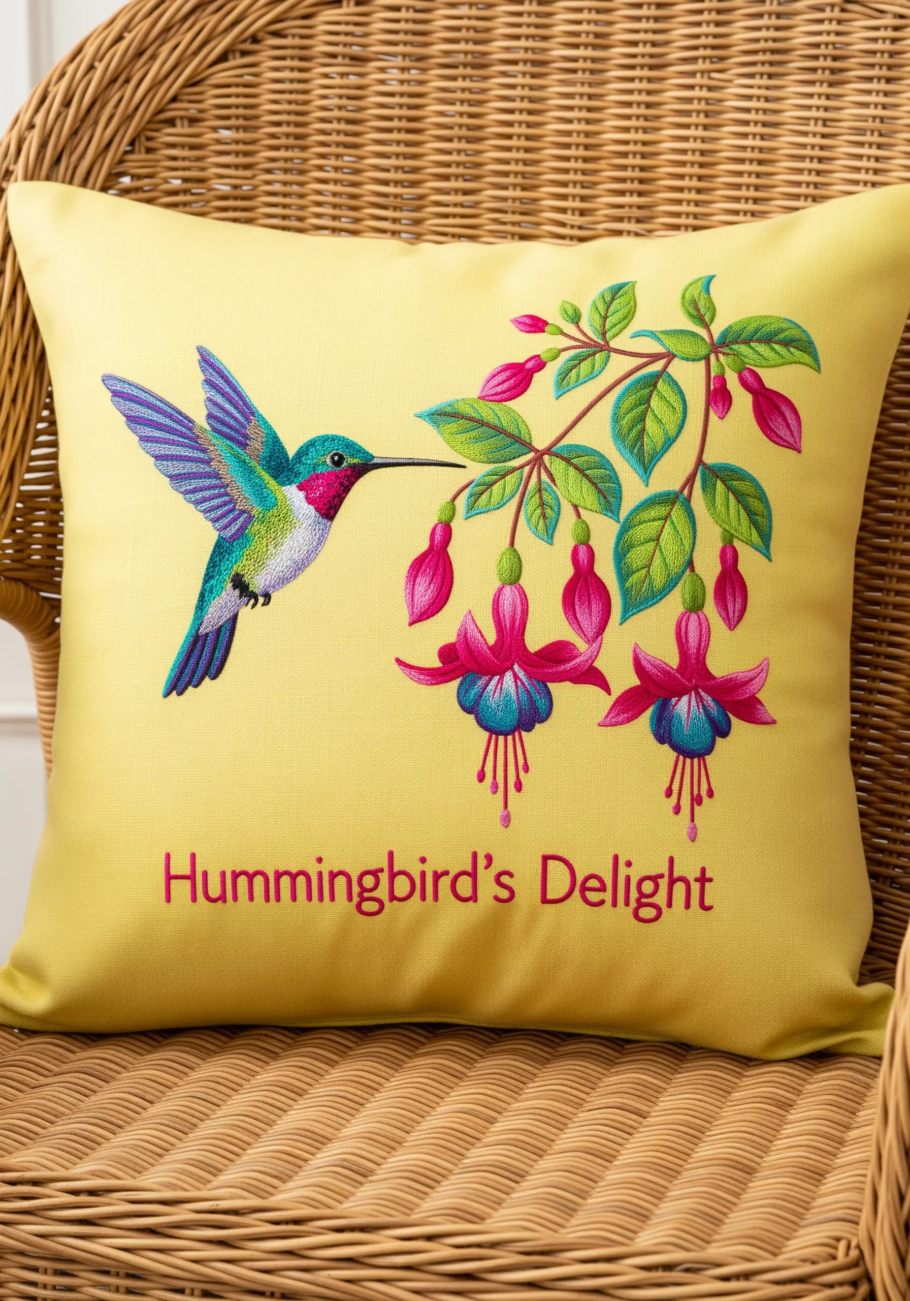 Embroidered hummingbird and fuchsia flowers with vibrant color blending.