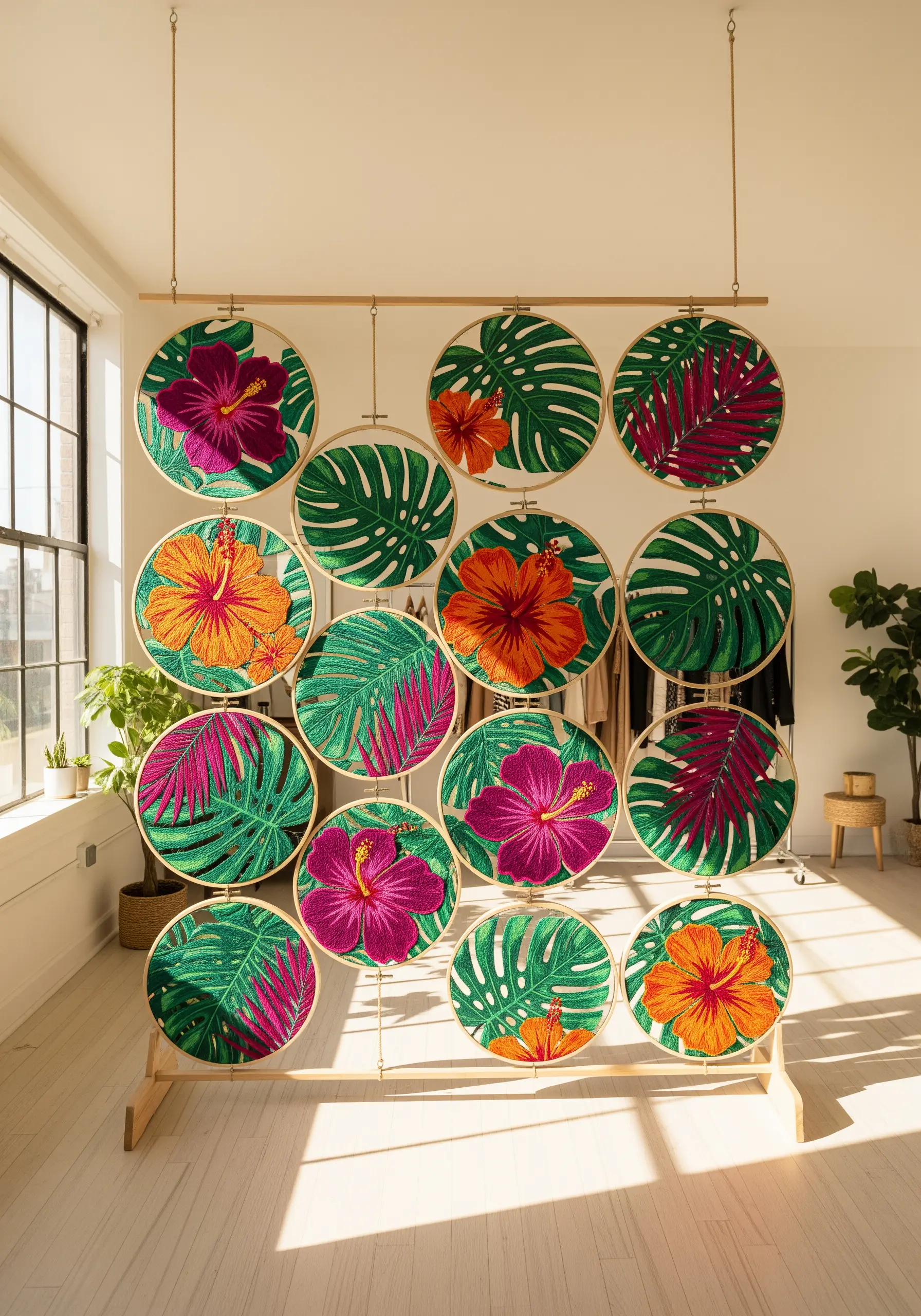 A screen of embroidery hoops filled with vibrant, densely stitched tropical flowers and leaves.