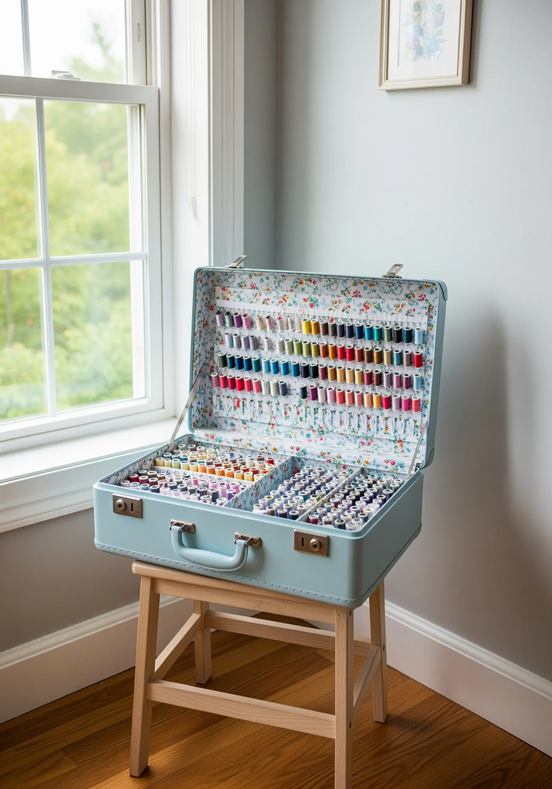 An open vintage-style suitcase perfectly organized with hundreds of spools of thread.