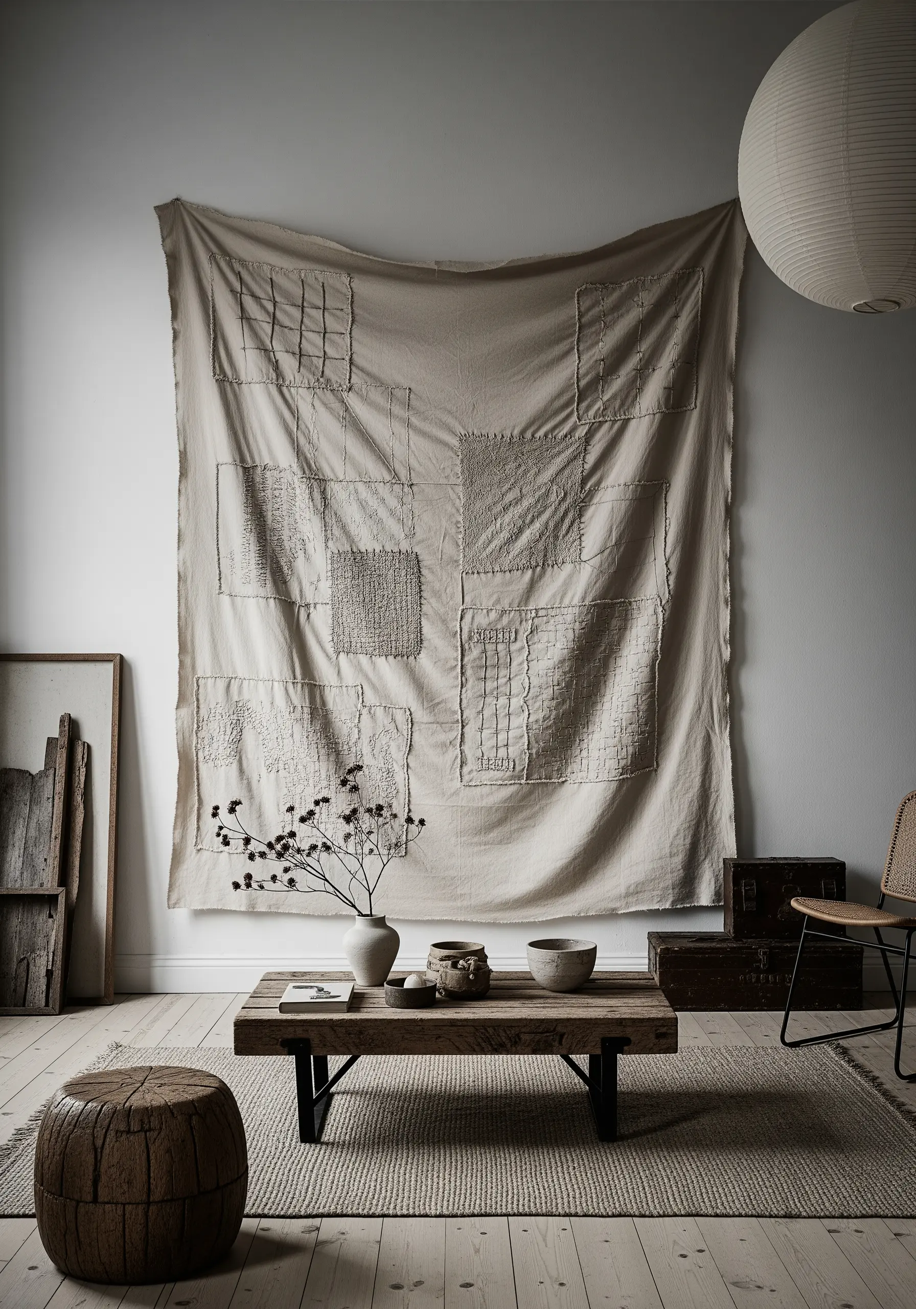 A large beige textile wall hanging with textured monochrome stitch patches.