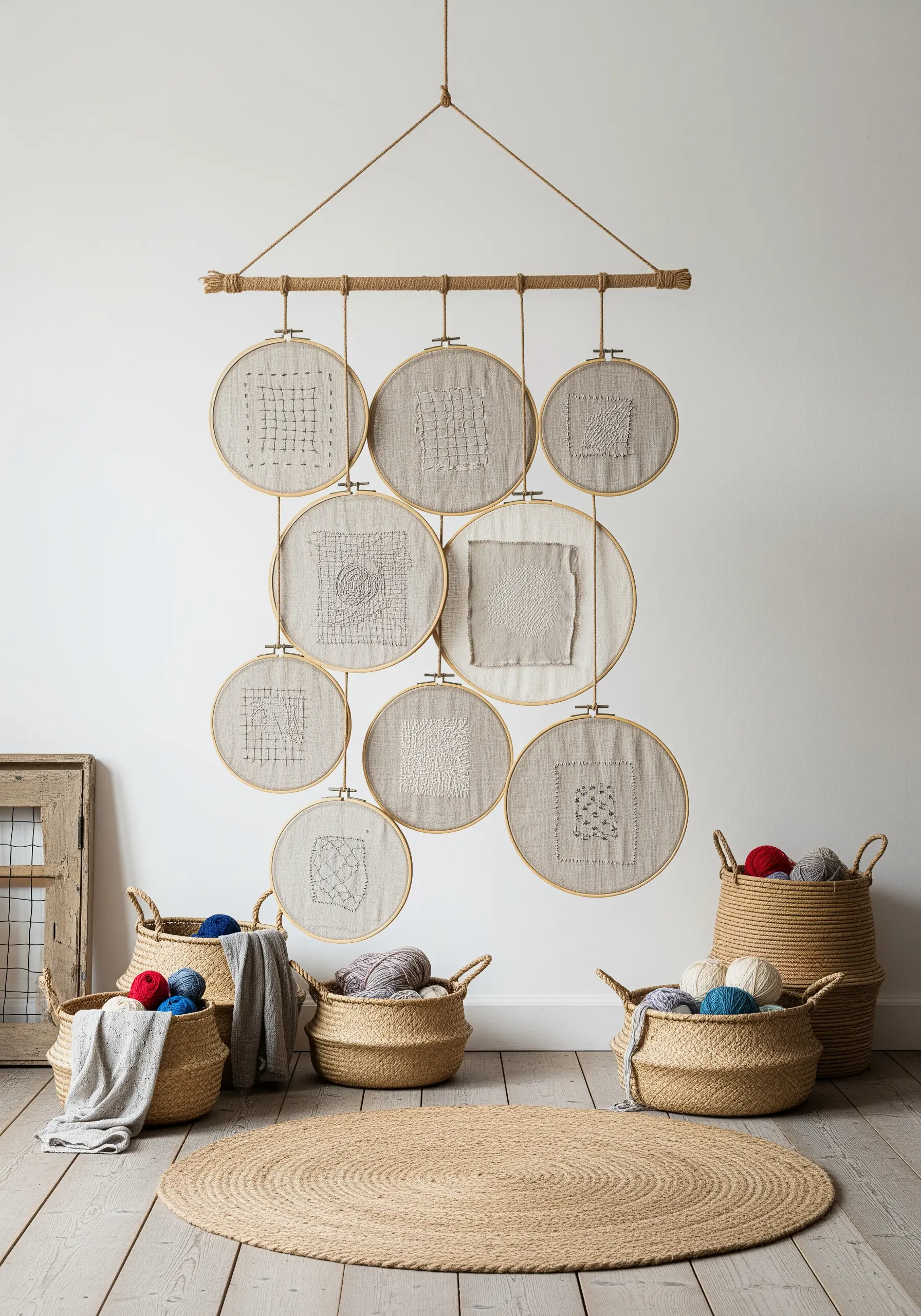 Tone-on-tone textural embroidery samplers on natural linen fabric in a wall hanging.