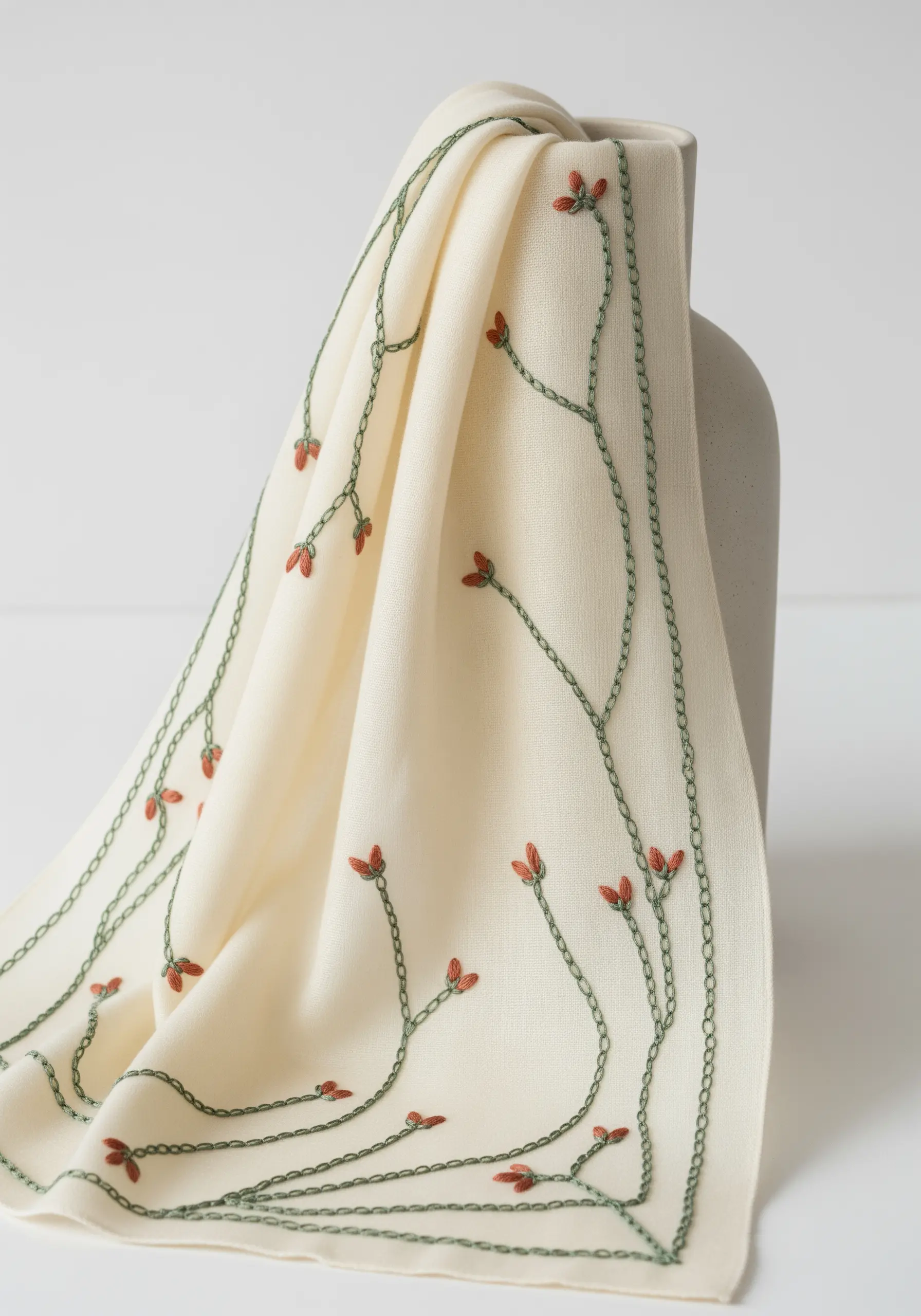 Delicate embroidered green vines with red buds on a cream scarf.