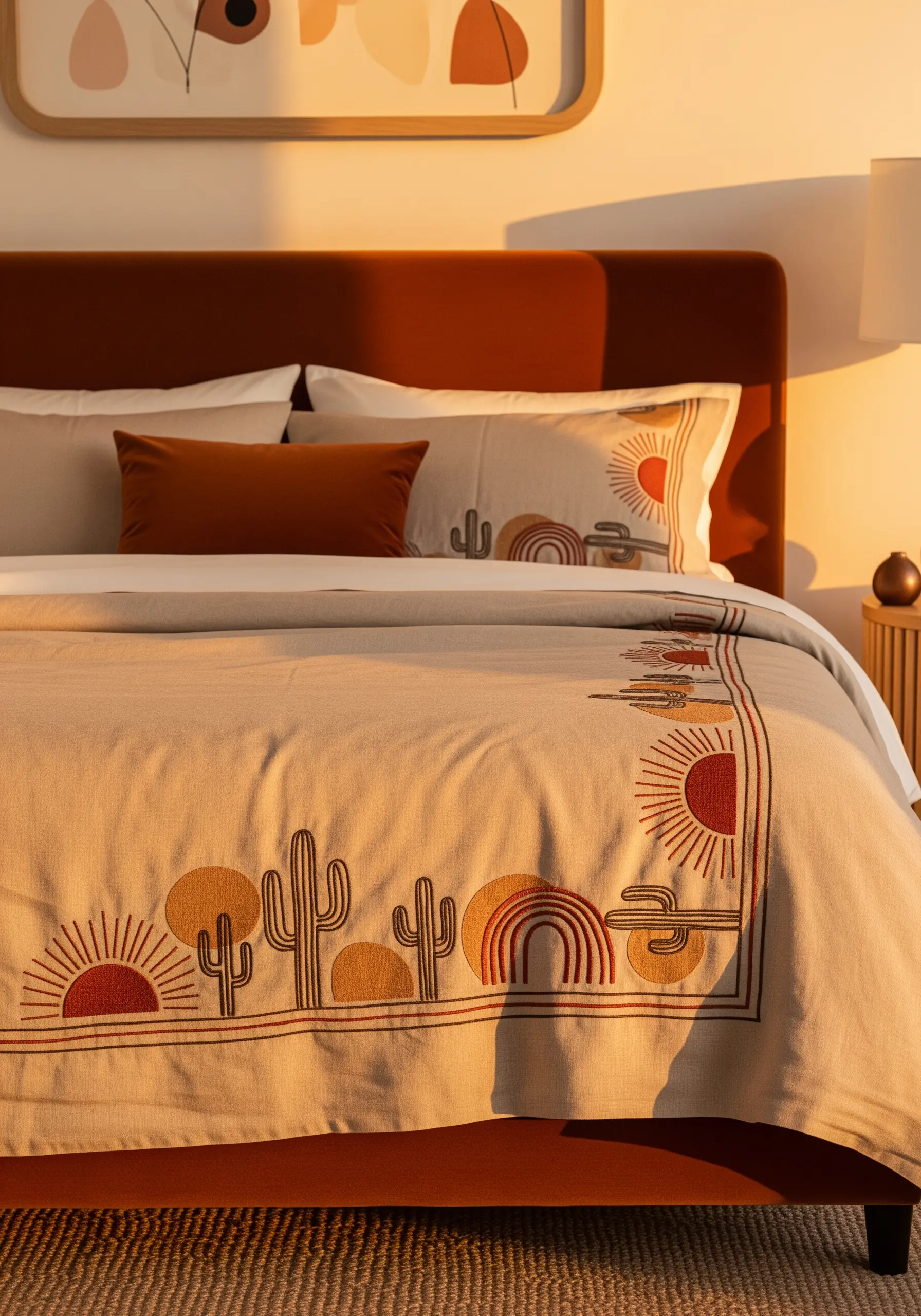 A desert landscape border with cacti, suns, and rainbows on beige bedsheets.