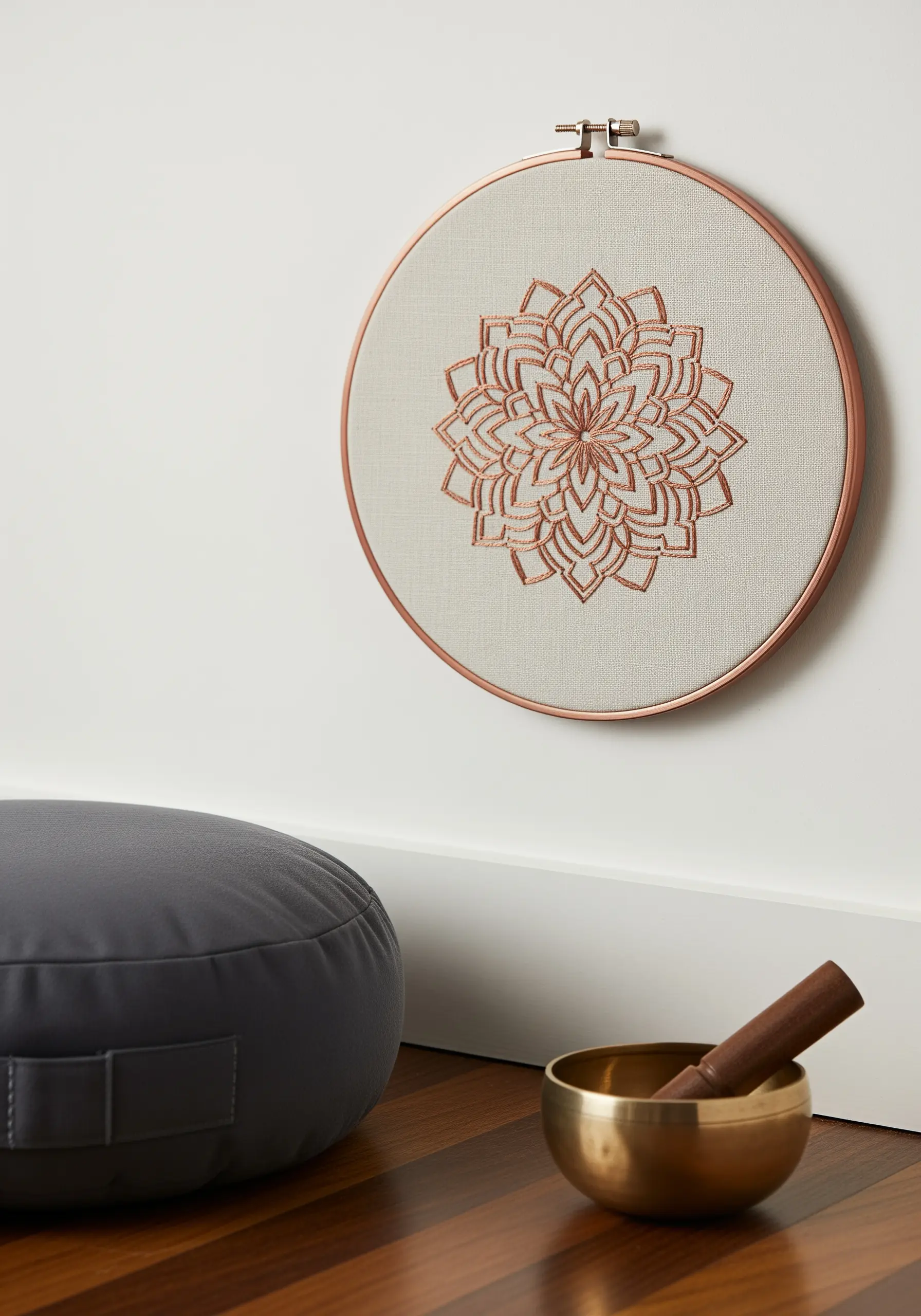 A large, intricate mandala stitched with copper metallic thread on grey linen.