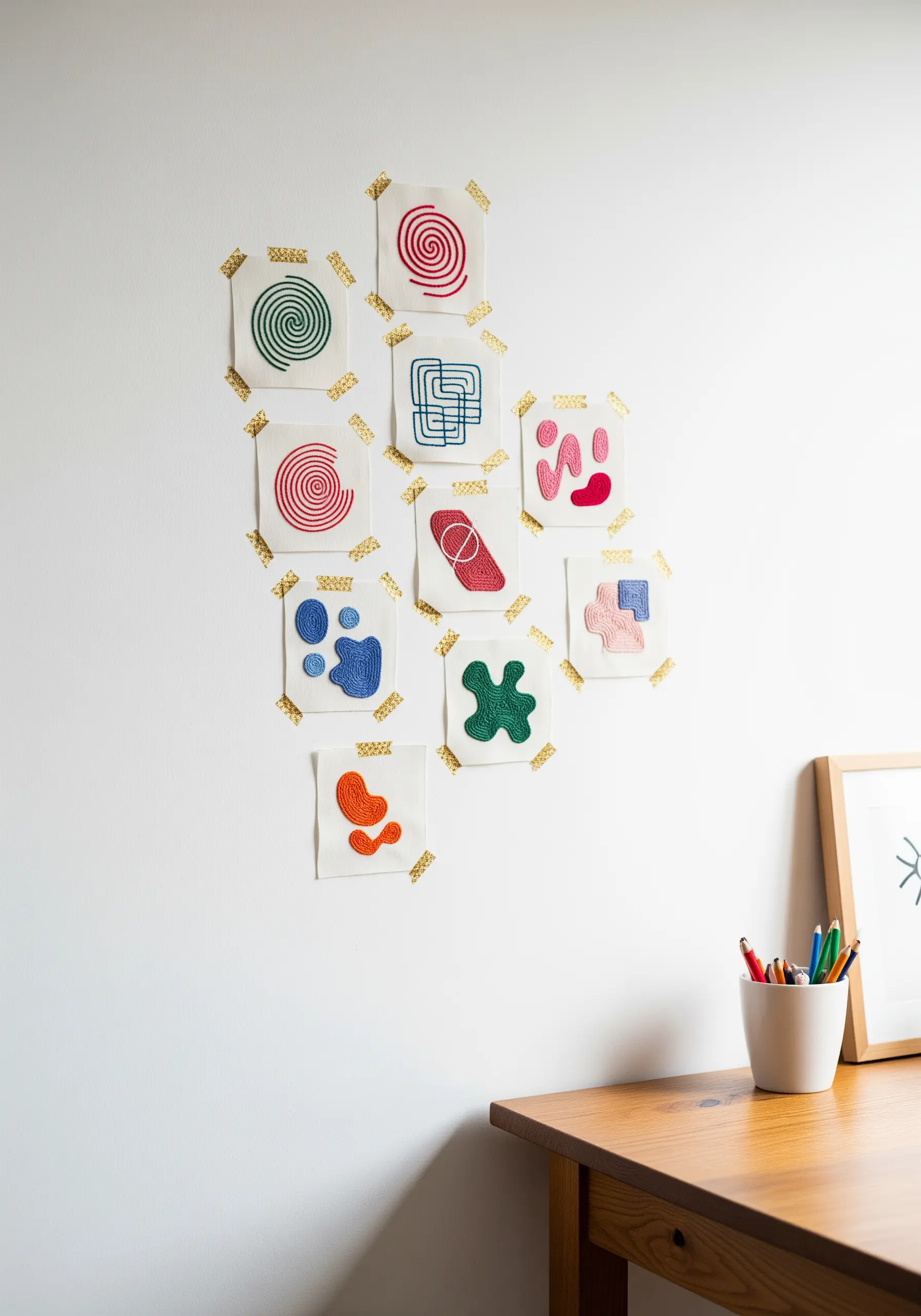Small abstract embroidery swatches arranged in a grid on a wall with washi tape.