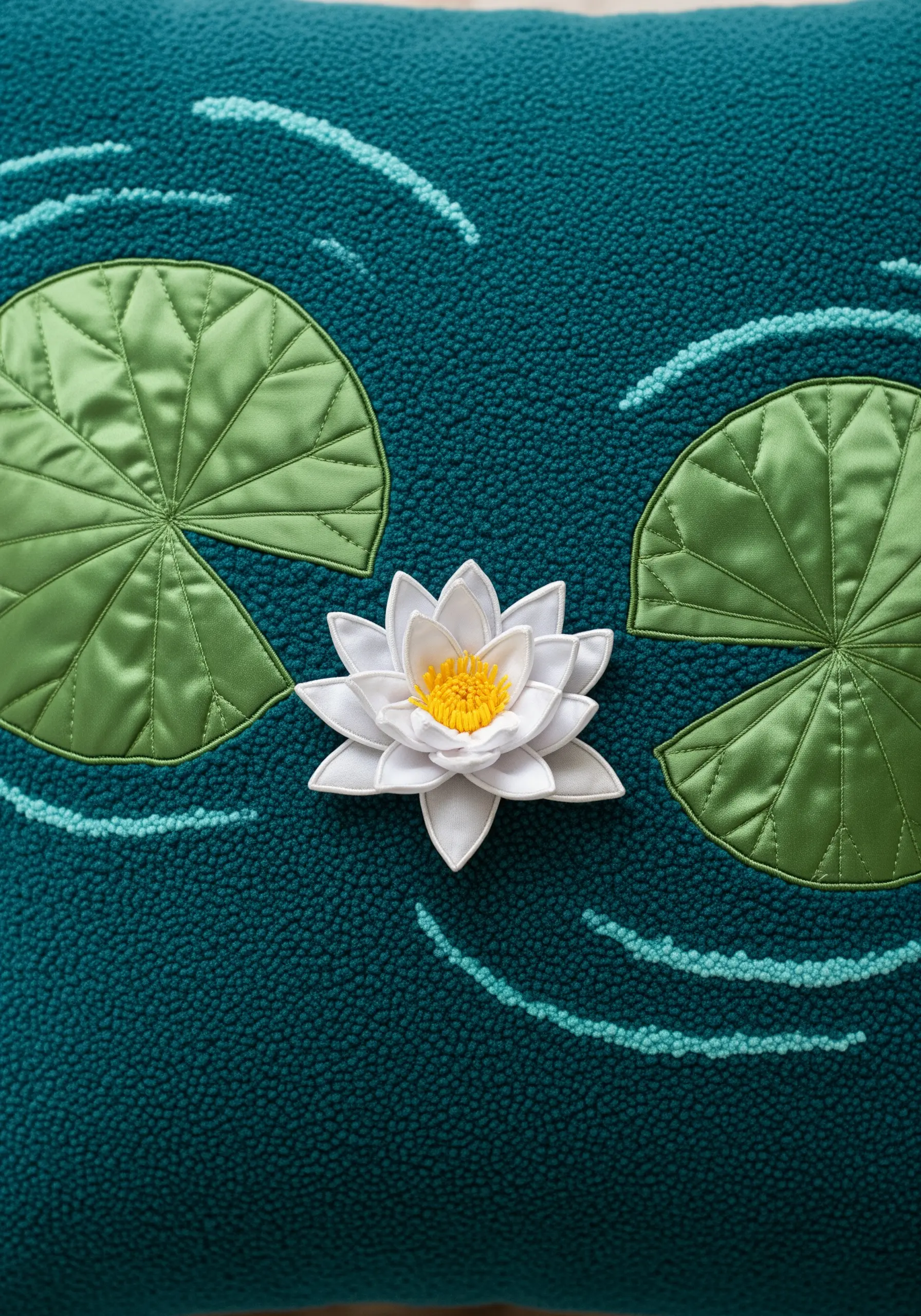 A dimensional water lily with appliqué pads on a textured teal cushion.