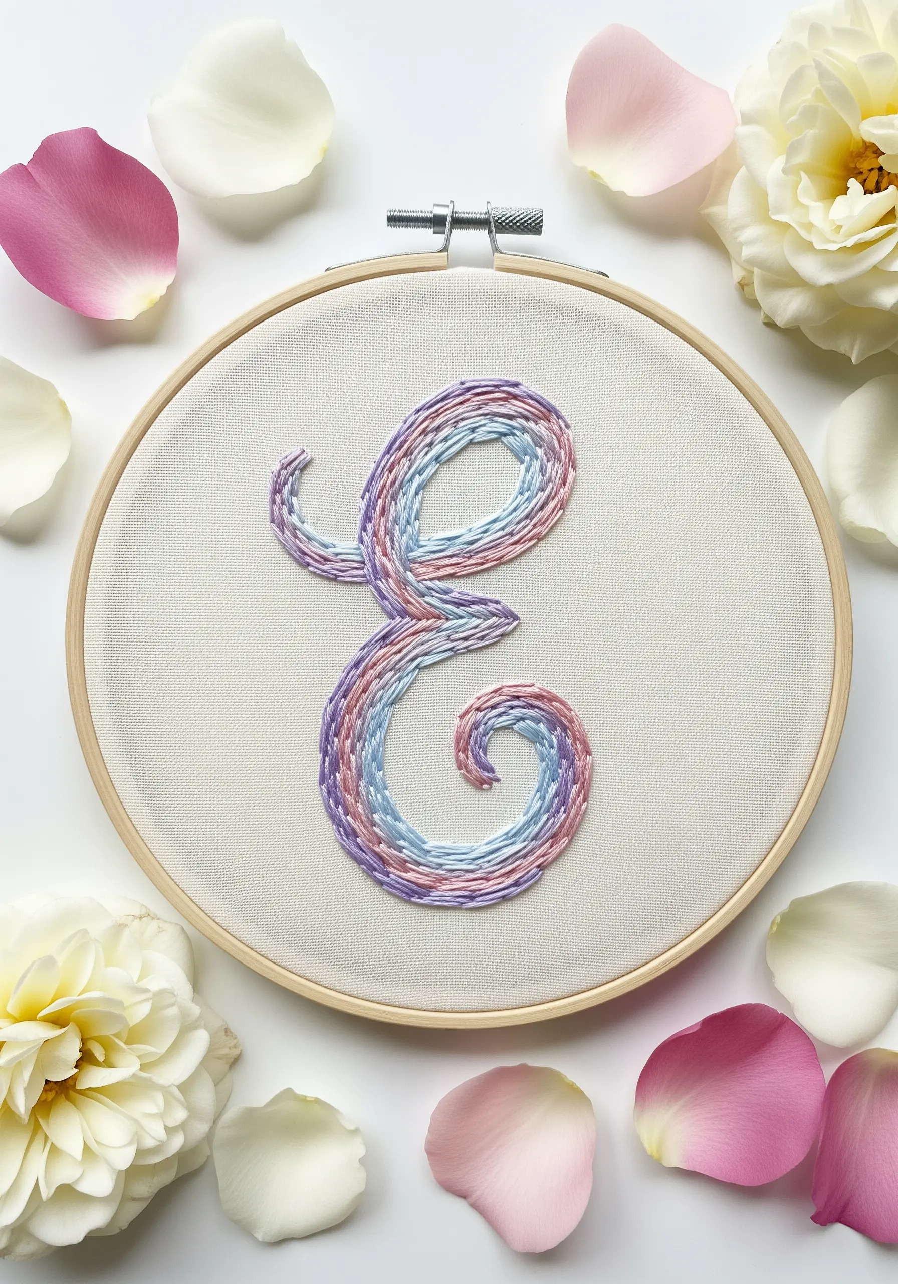 Cursive 'E' monogram stitched with blended pastel threads for a watercolor look.
