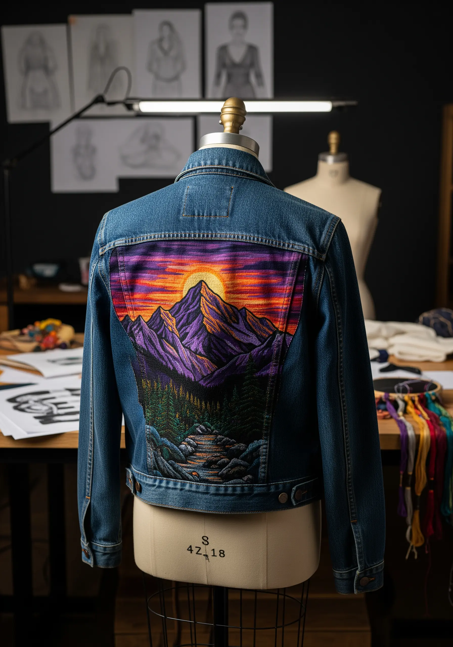 Denim jacket on a mannequin with a large embroidered back panel of a mountain sunset.