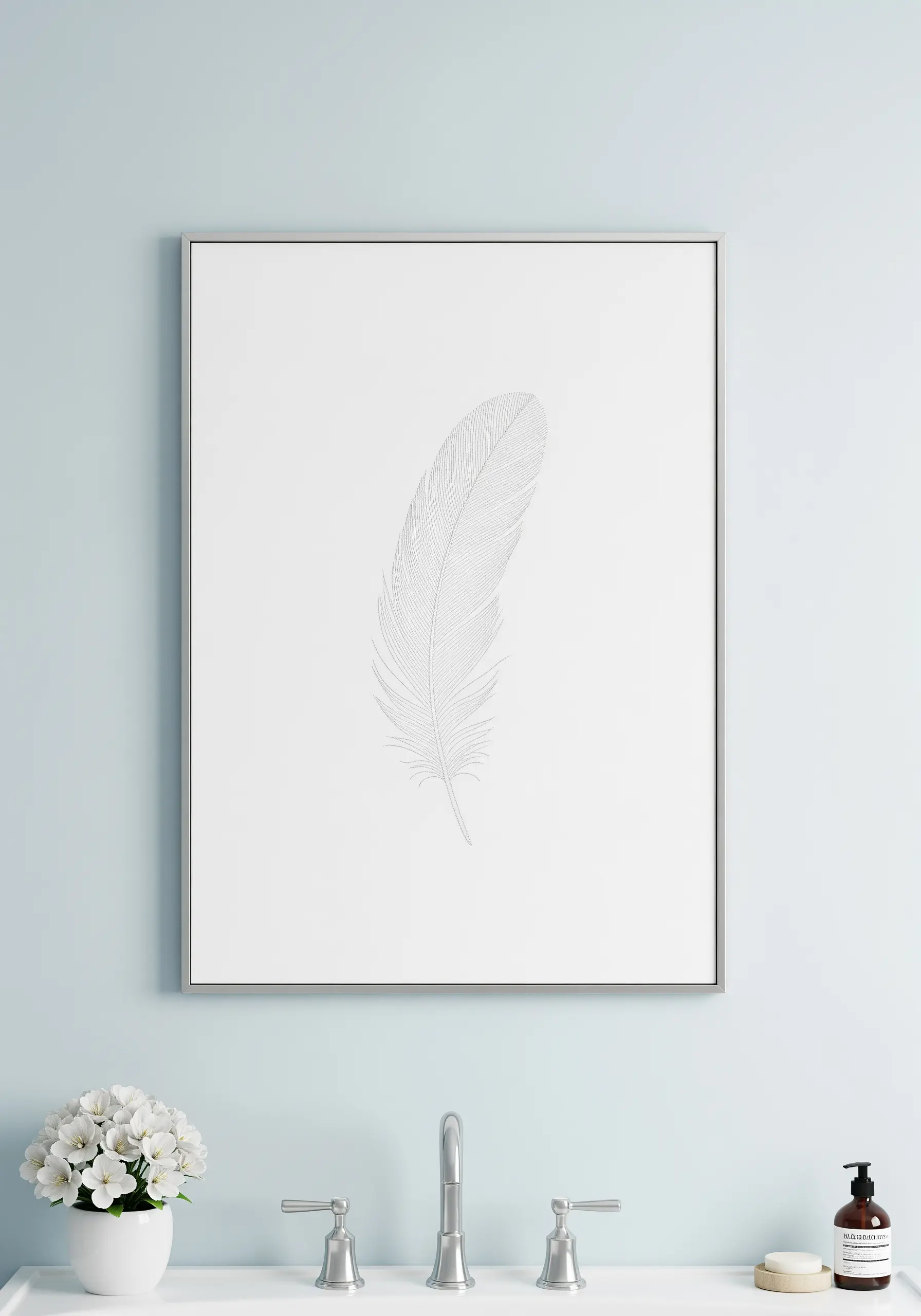 A delicate feather outline stitched in white thread on a white background, creating a subtle effect.