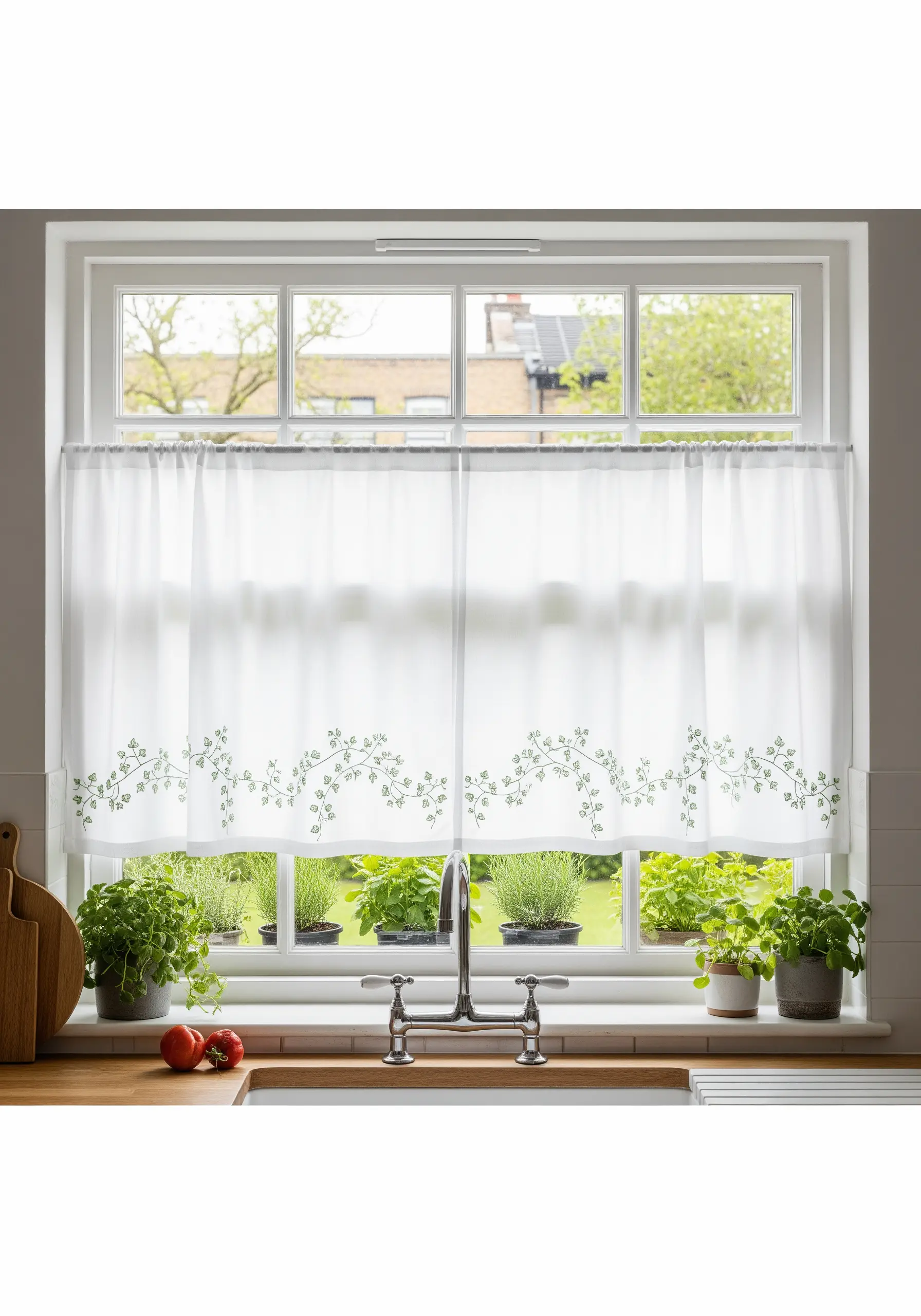 Sheer white cafe curtains with a delicate green vine embroidered along the bottom.