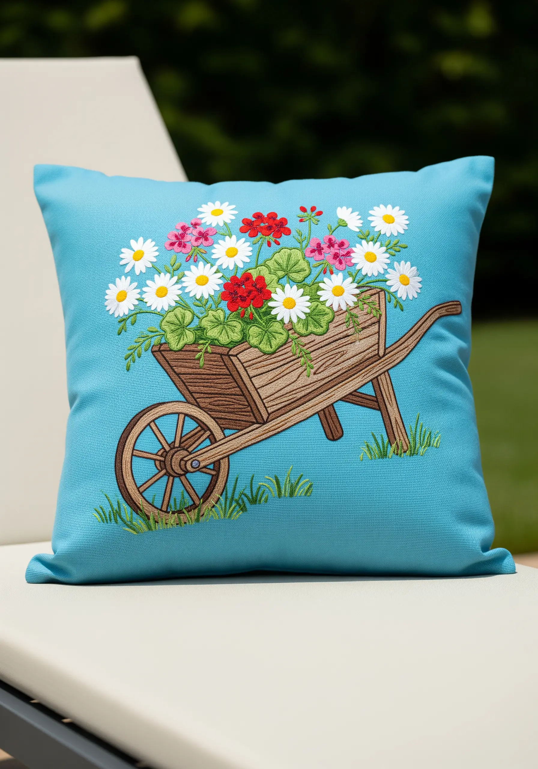 An embroidered wooden wheelbarrow filled with daisies and geraniums on a blue cushion.