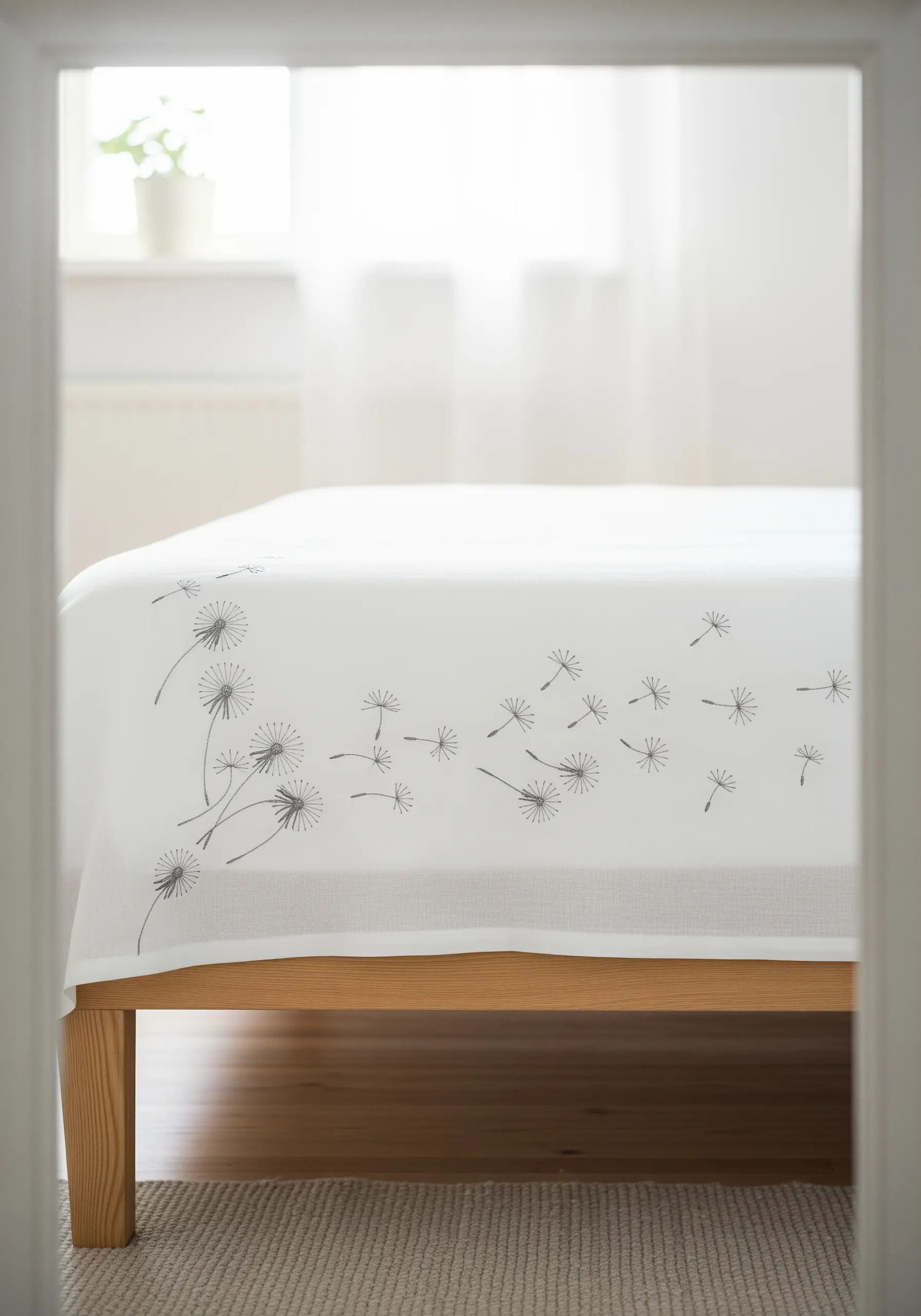 A border of dandelion clocks and floating seeds embroidered in grey on white linen.