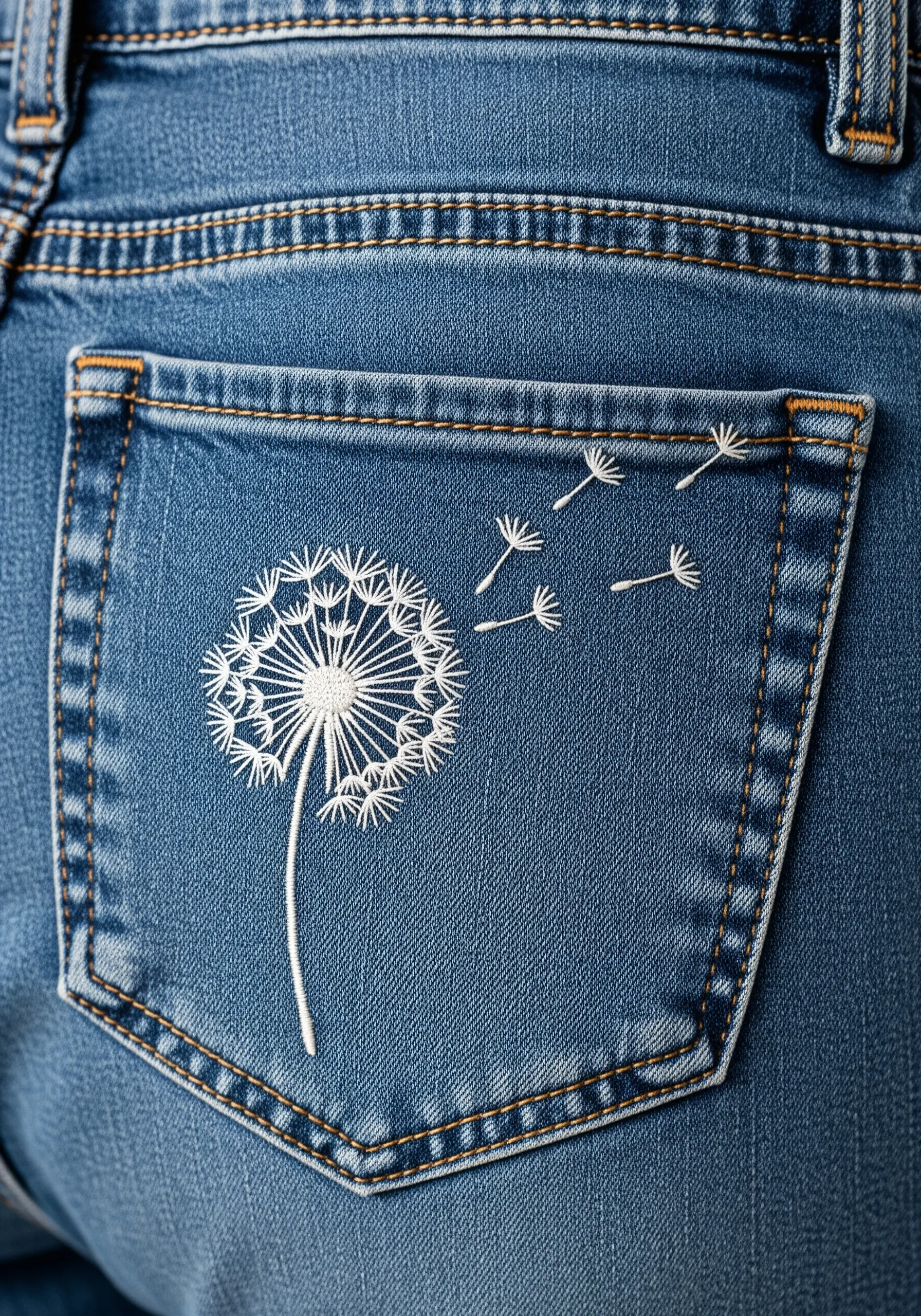 A delicate white dandelion with seeds blowing away embroidered on a jean pocket.