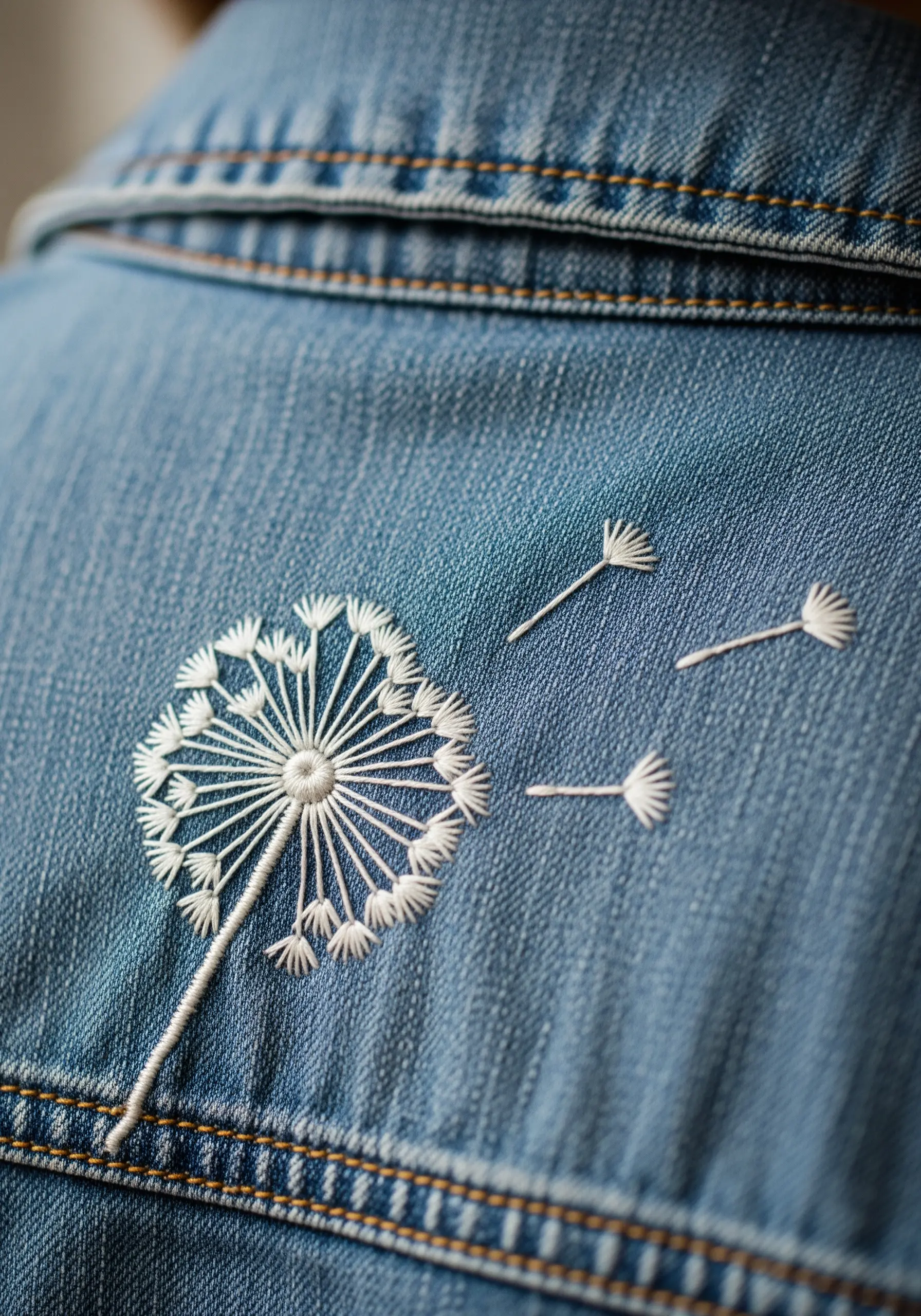 A delicate white embroidered dandelion with seeds blowing in the wind on the back of a jacket
