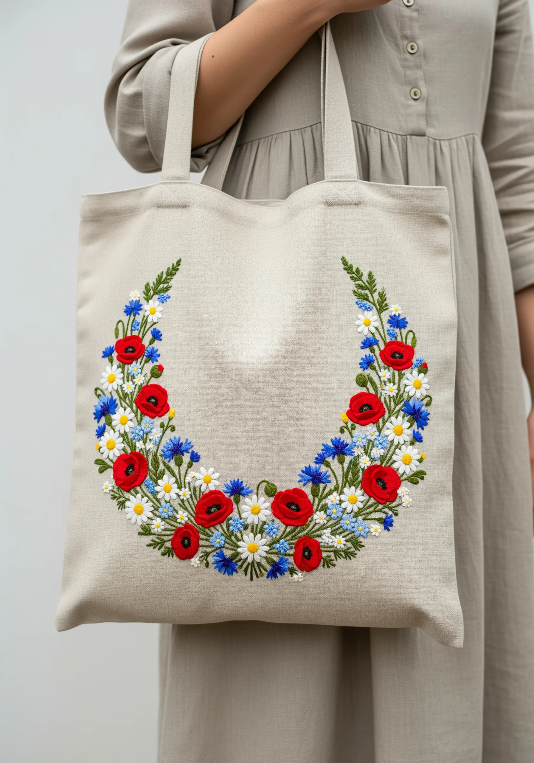 A crescent-shaped embroidery of red poppies, blue cornflowers, and white daisies.