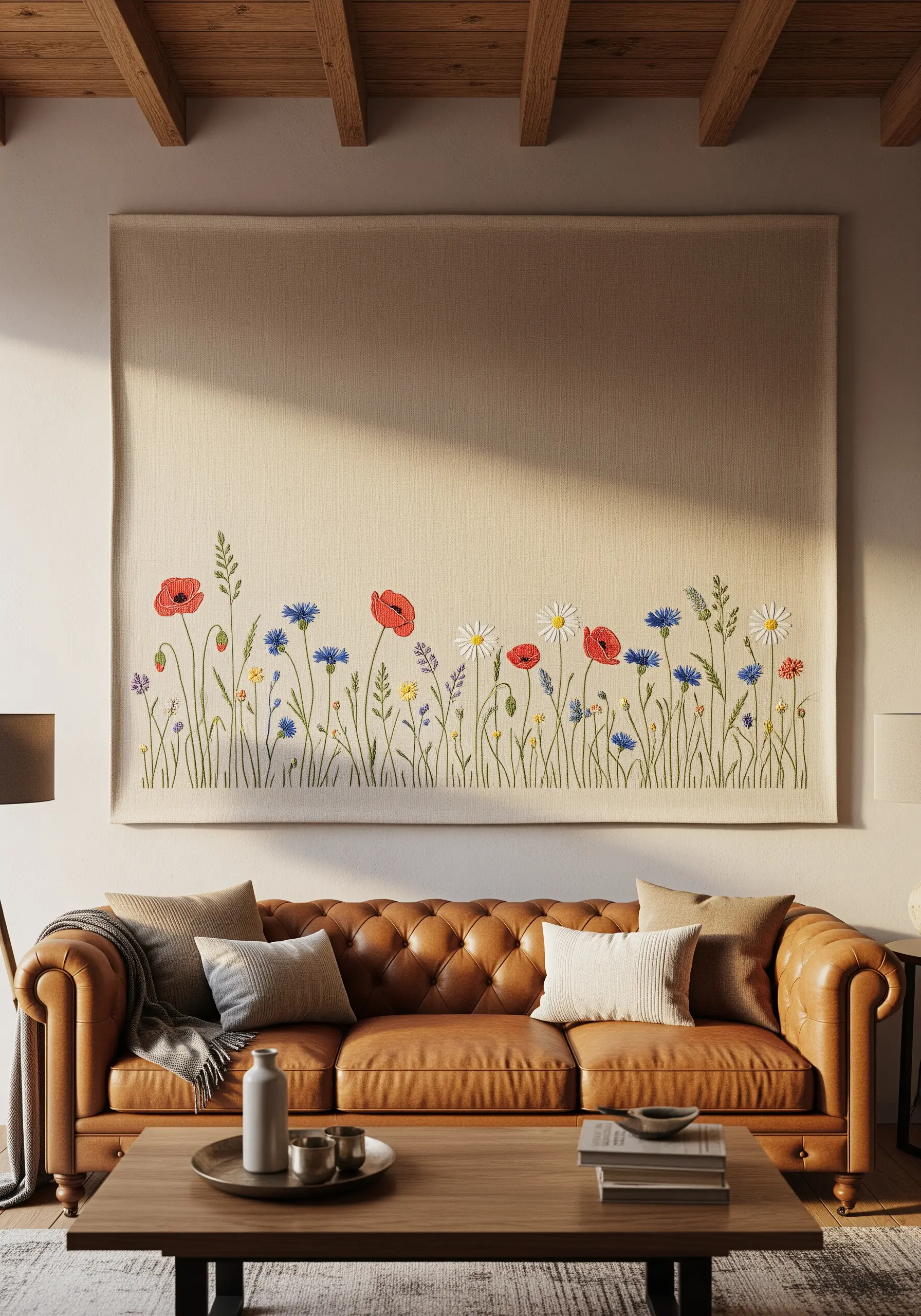 A large linen tapestry embroidered with a colorful line of wildflowers along the bottom edge.