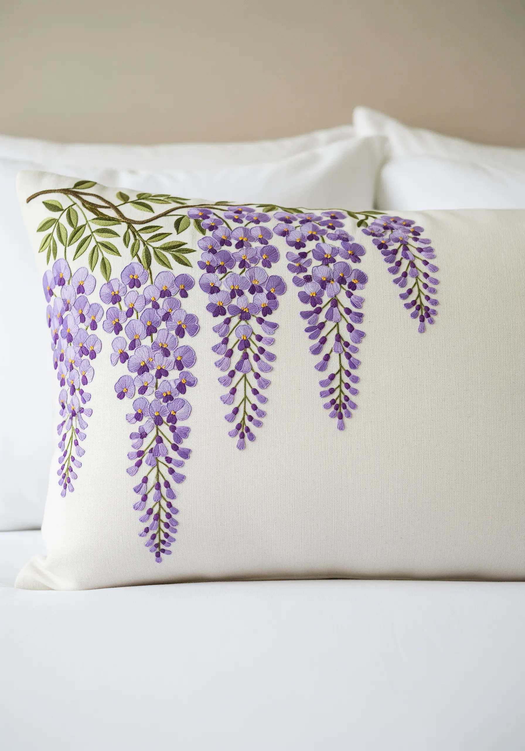 Cascading purple wisteria flowers embroidered on the top corner of a white cushion.