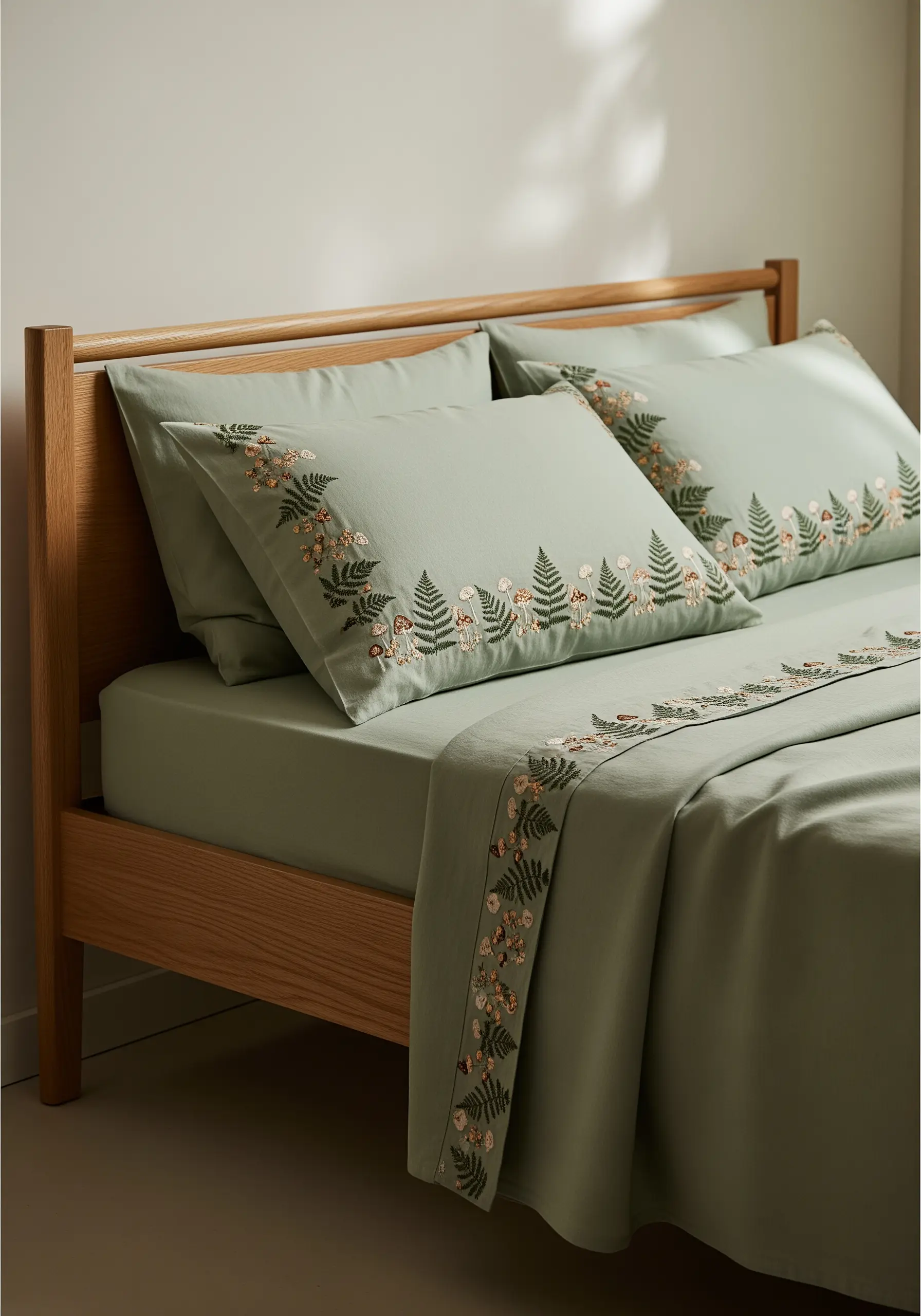 A woodland border of ferns, flowers, and mushrooms on sage green bedsheets.