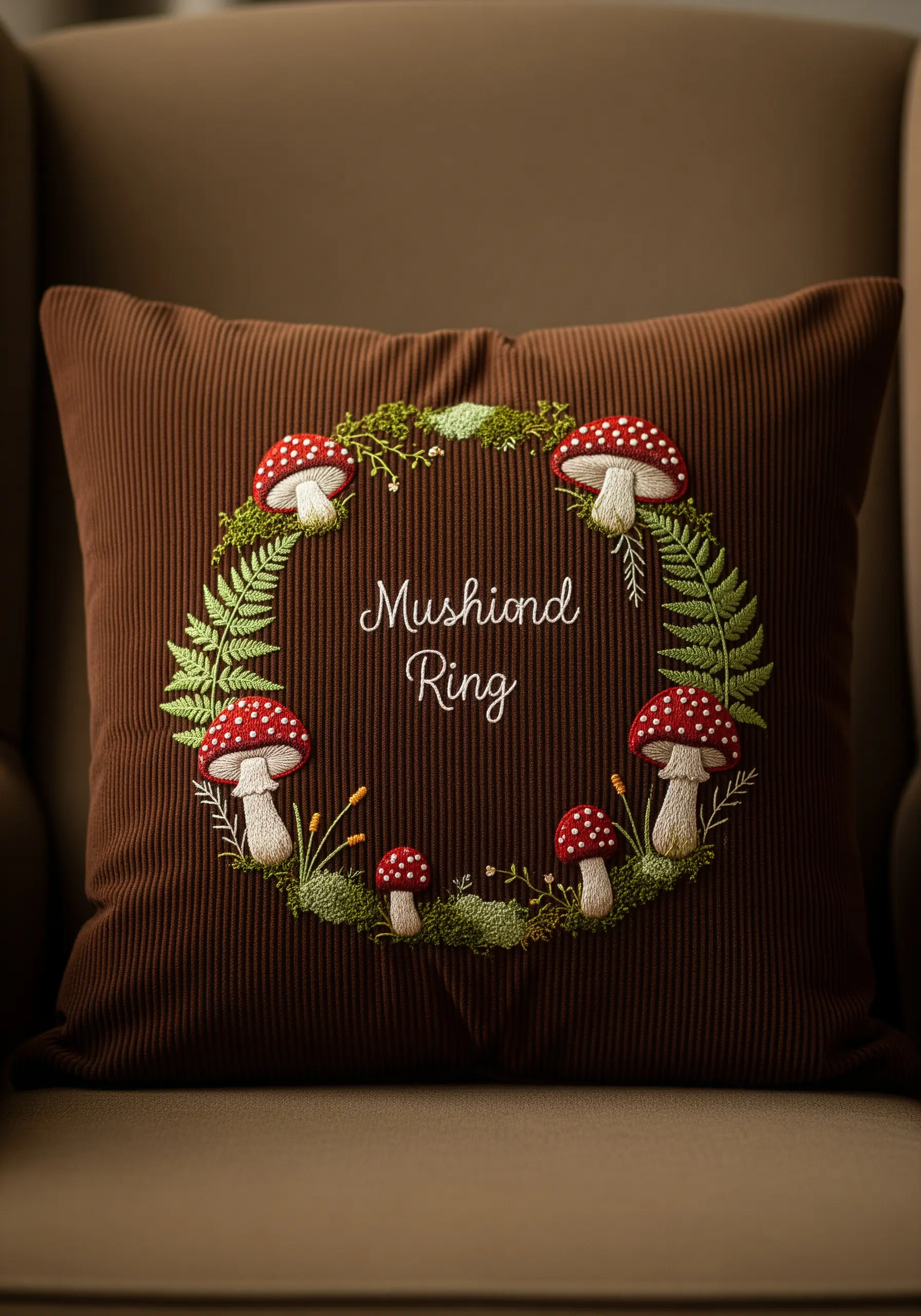 Embroidered wreath of ferns, moss, and amanita mushrooms on a brown cushion.