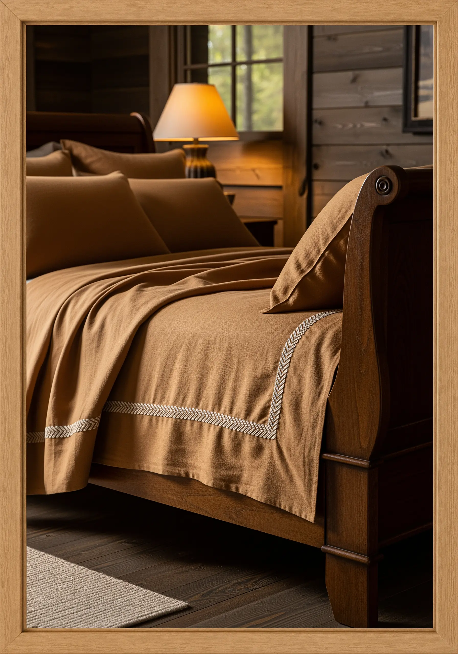 A wide herringbone stitch border in off-white thread on camel-colored bedsheets.