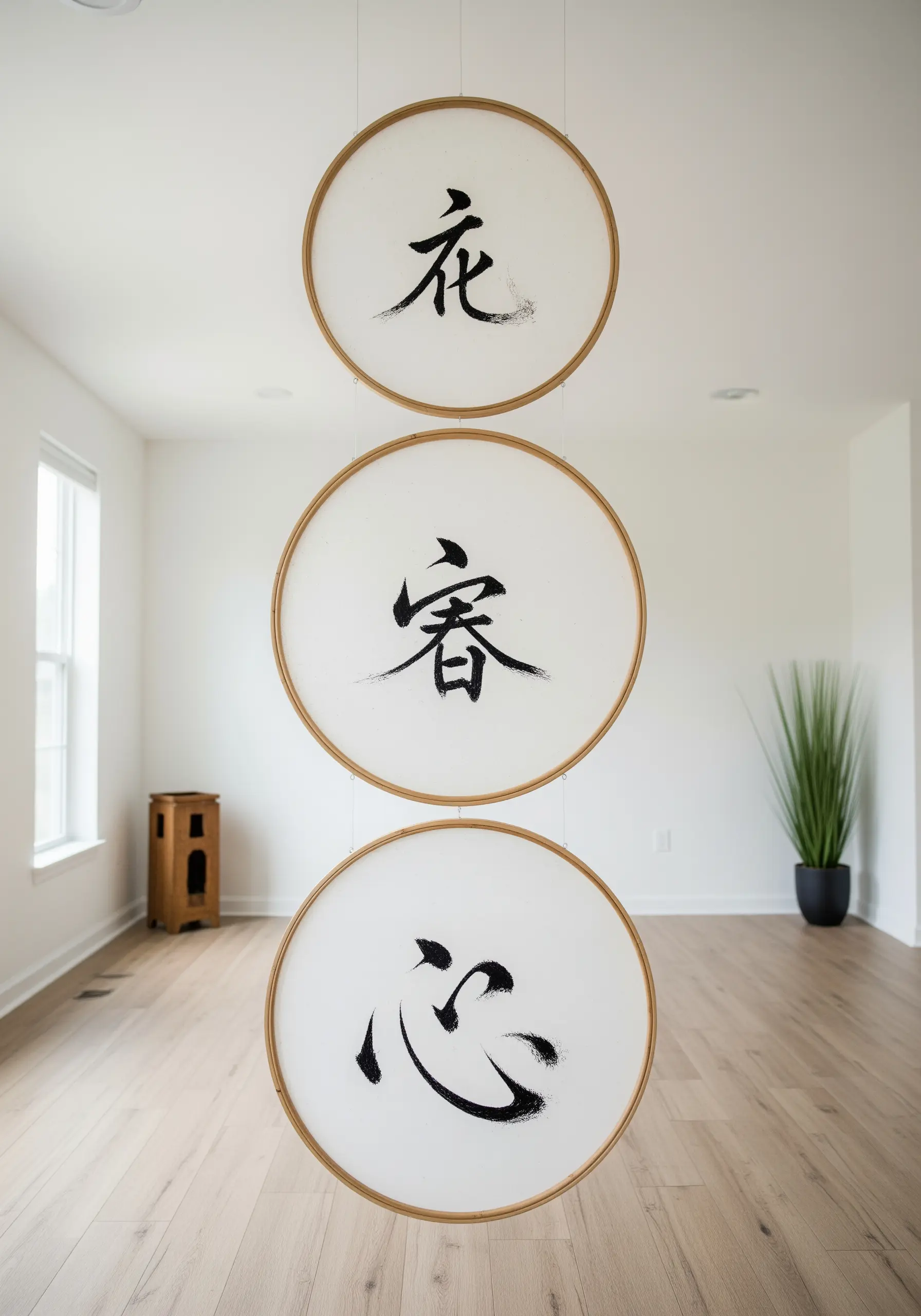 Three large hoops with Japanese calligraphy painted in black ink on white fabric.