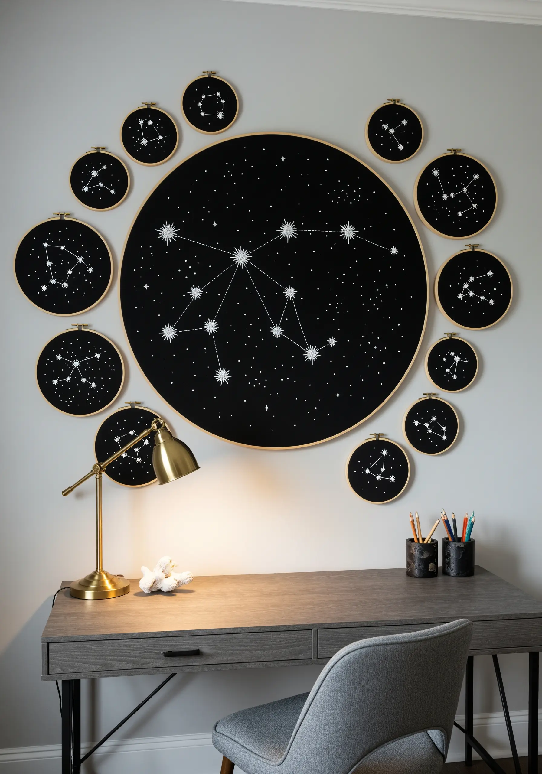 A large central constellation embroidery hoop surrounded by smaller zodiac hoops on a dark wall.