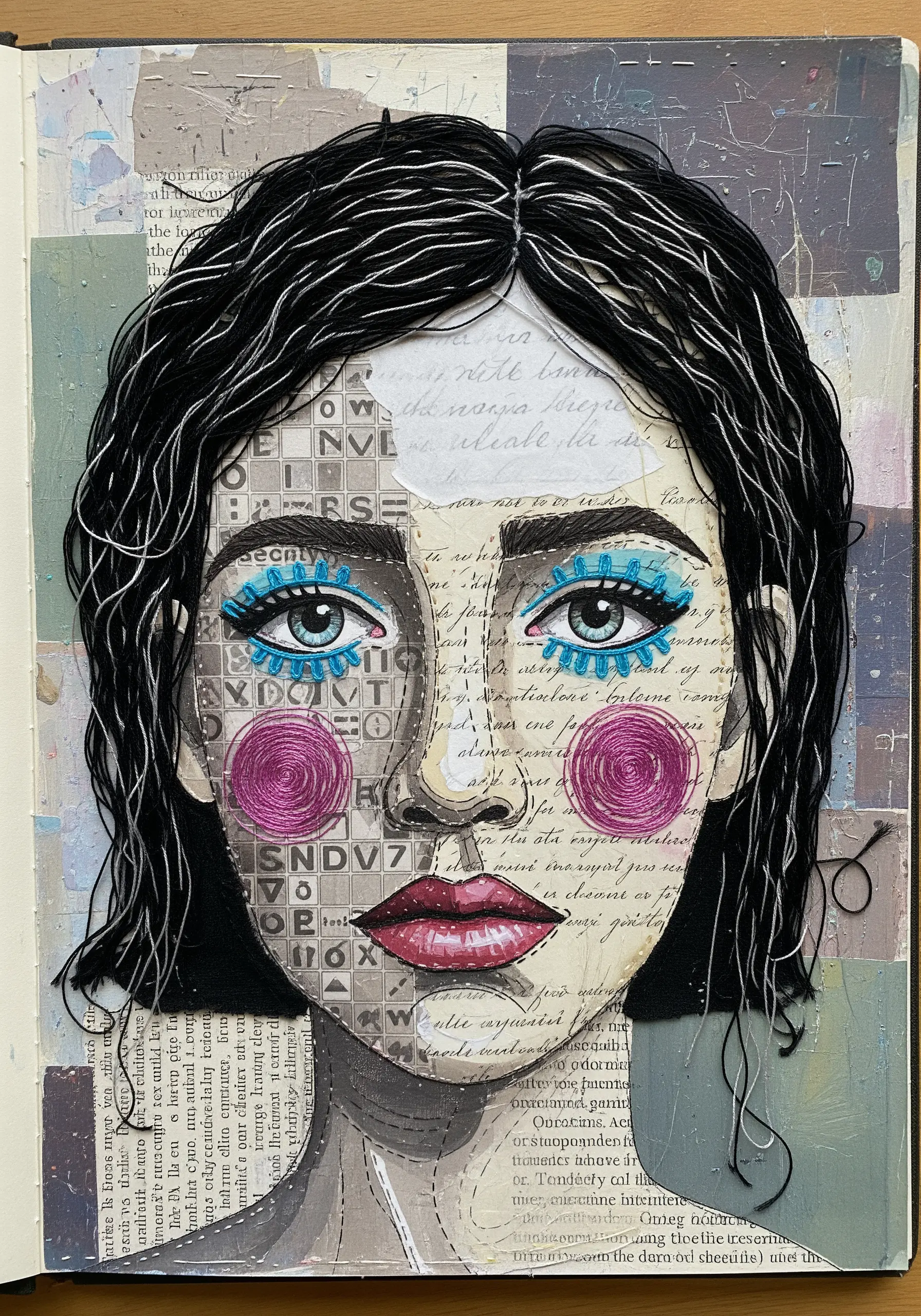 Mixed-media paper portrait with long black thread for hair and pink stitched cheeks.