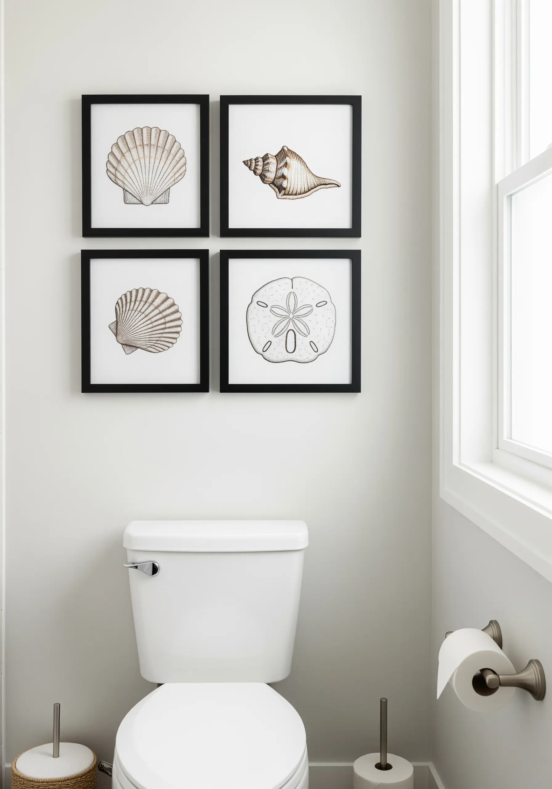 A gallery wall of four framed embroideries, each showing a different detailed seashell.