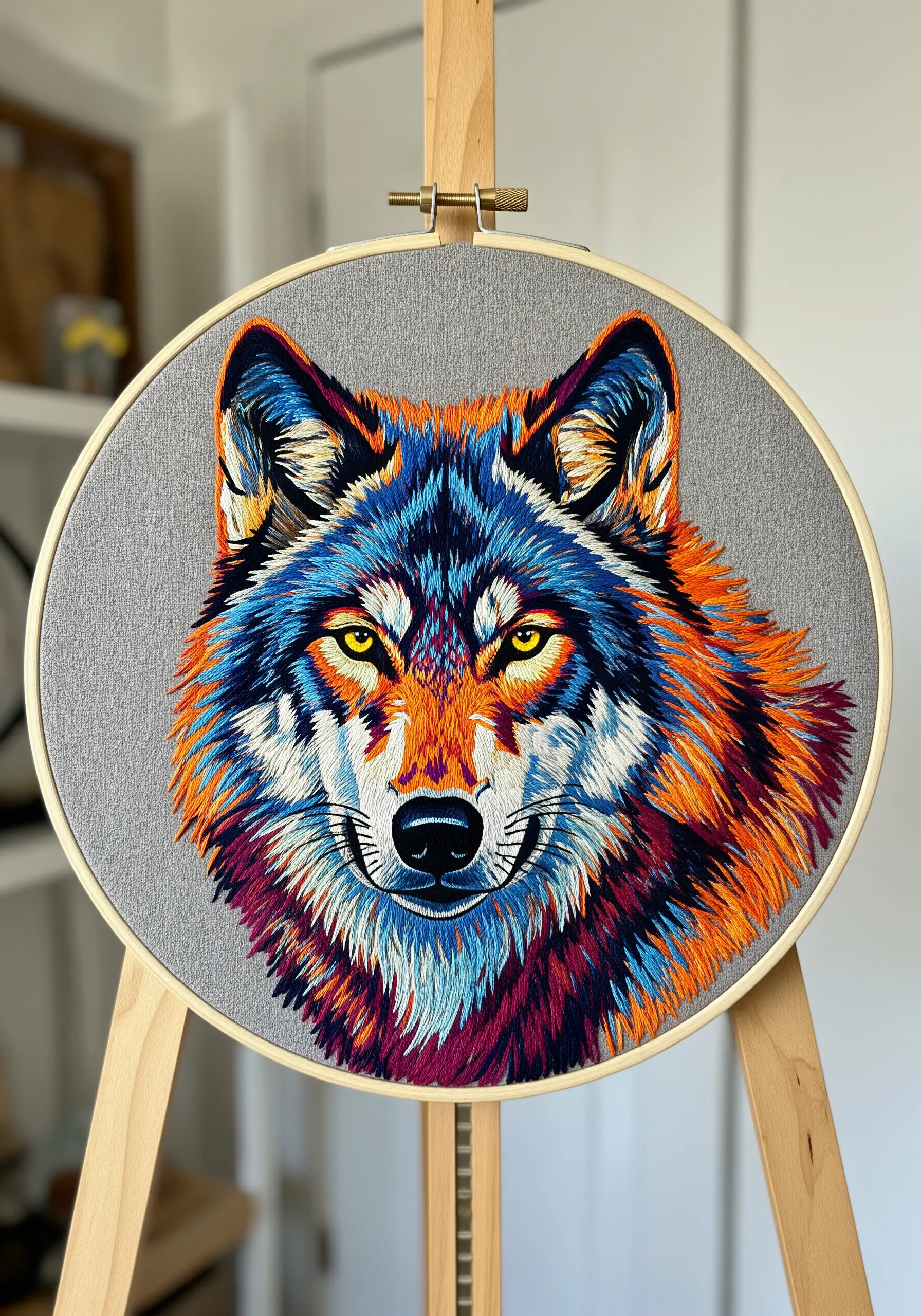 Vibrant thread-painted wolf portrait using bold oranges, blues, and reds on grey fabric.