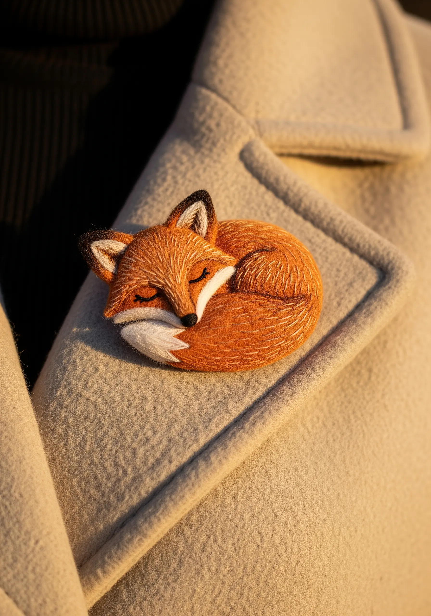 A realistic thread-painted sleeping fox brooch with blended orange and white fur textures.
