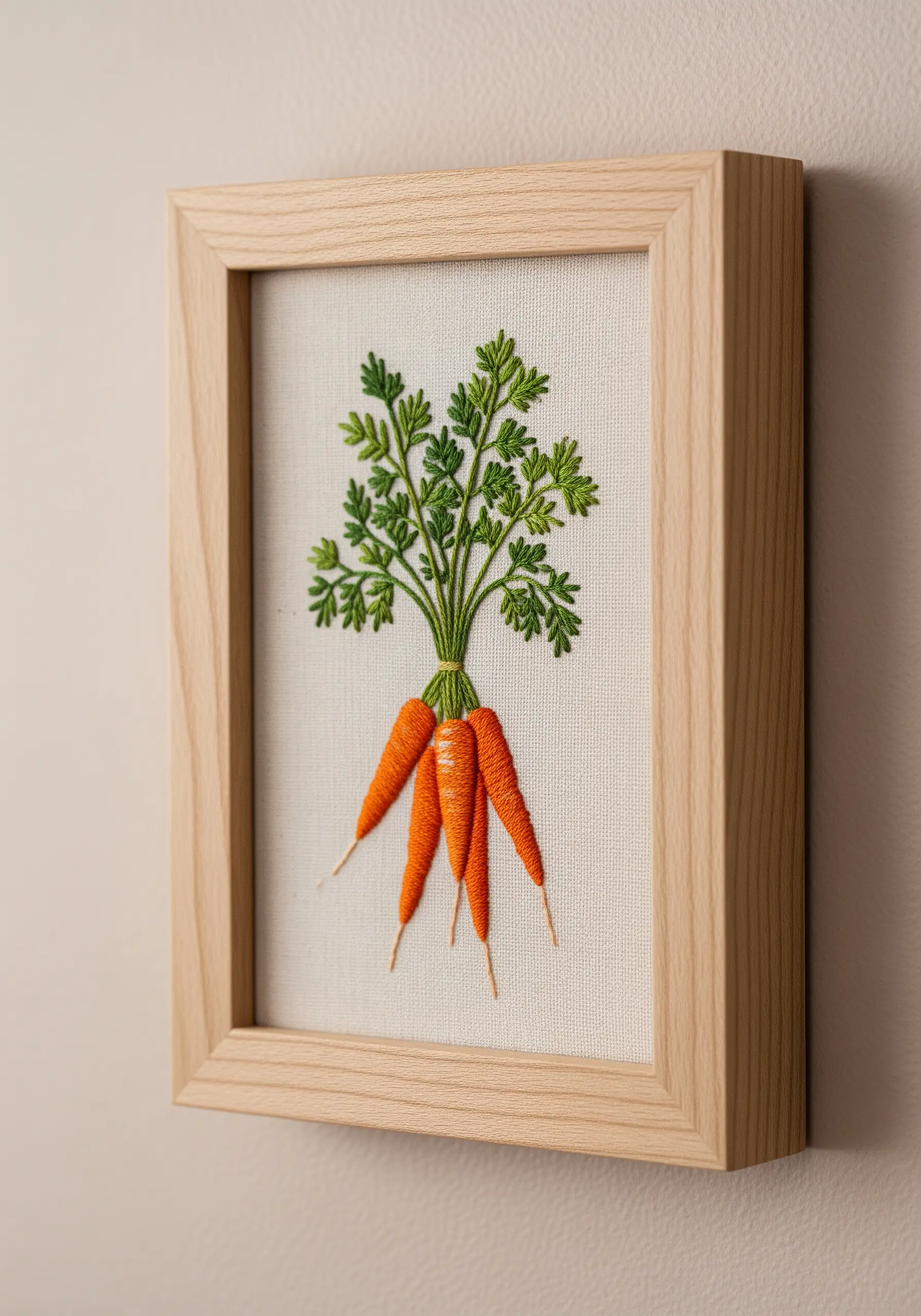 Framed embroidery of a bunch of carrots with detailed thread painting.