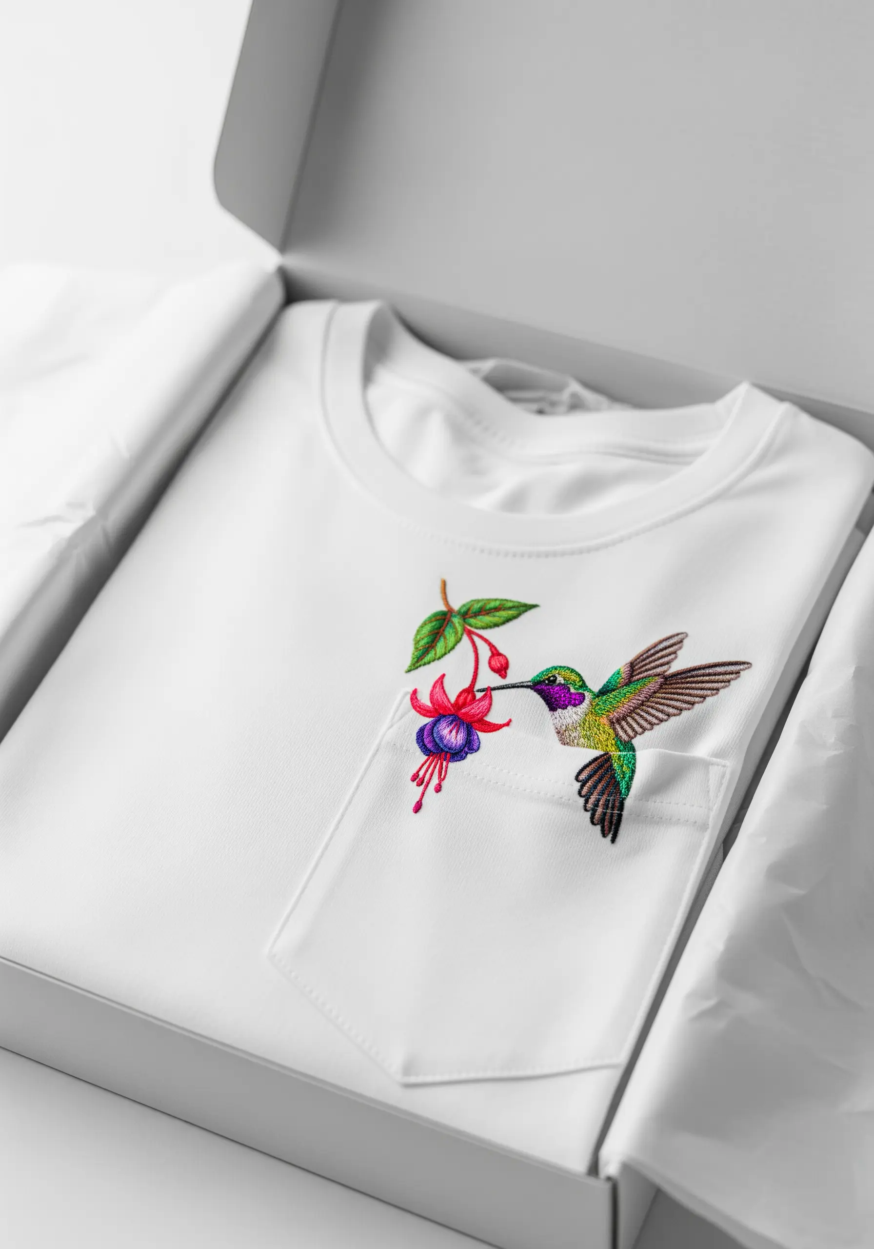 A colorful, thread-painted hummingbird and fuchsia flower embroidered on a white t-shirt pocket.