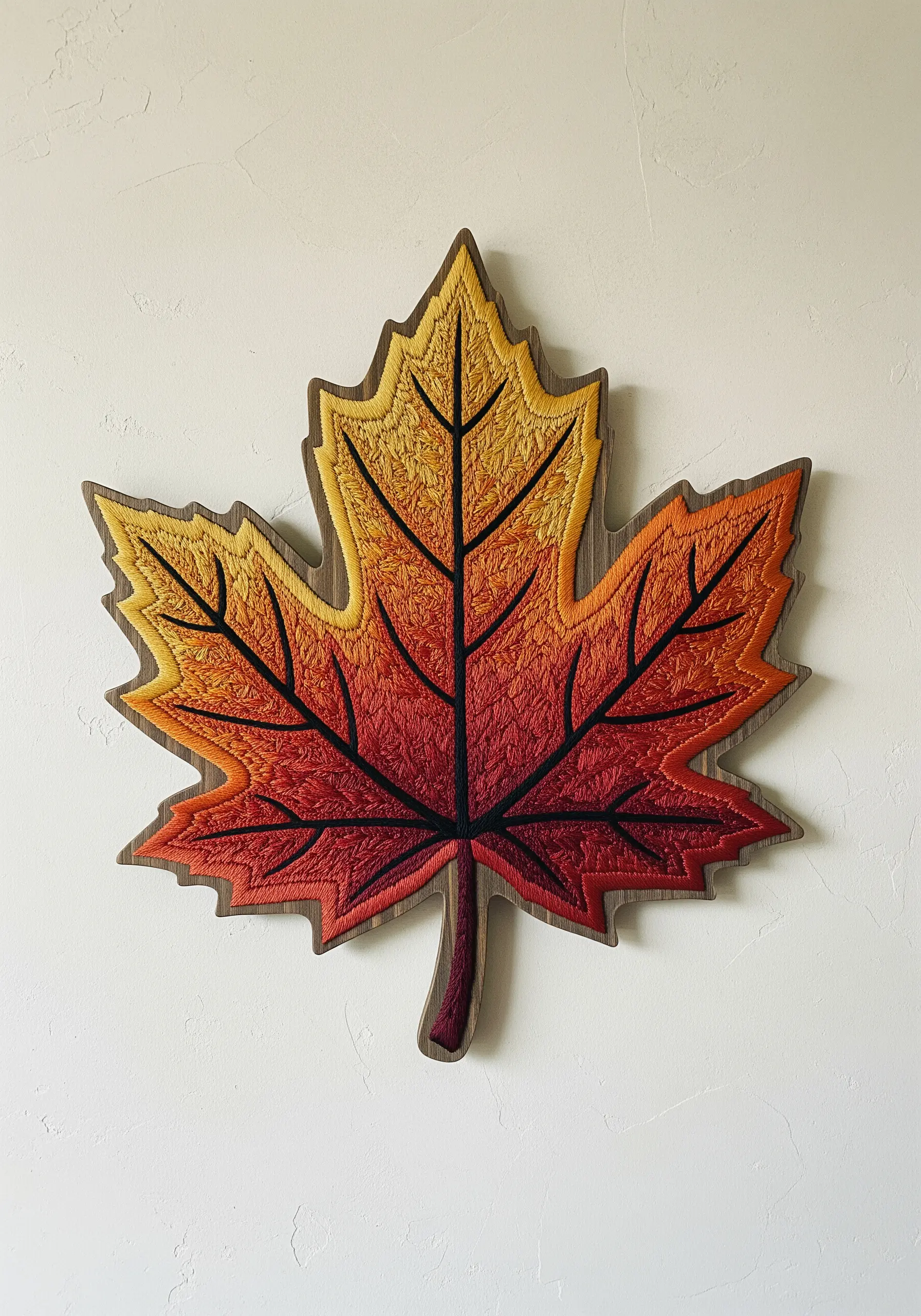 A maple leaf embroidered with a red, orange, and yellow gradient on a wooden shape.