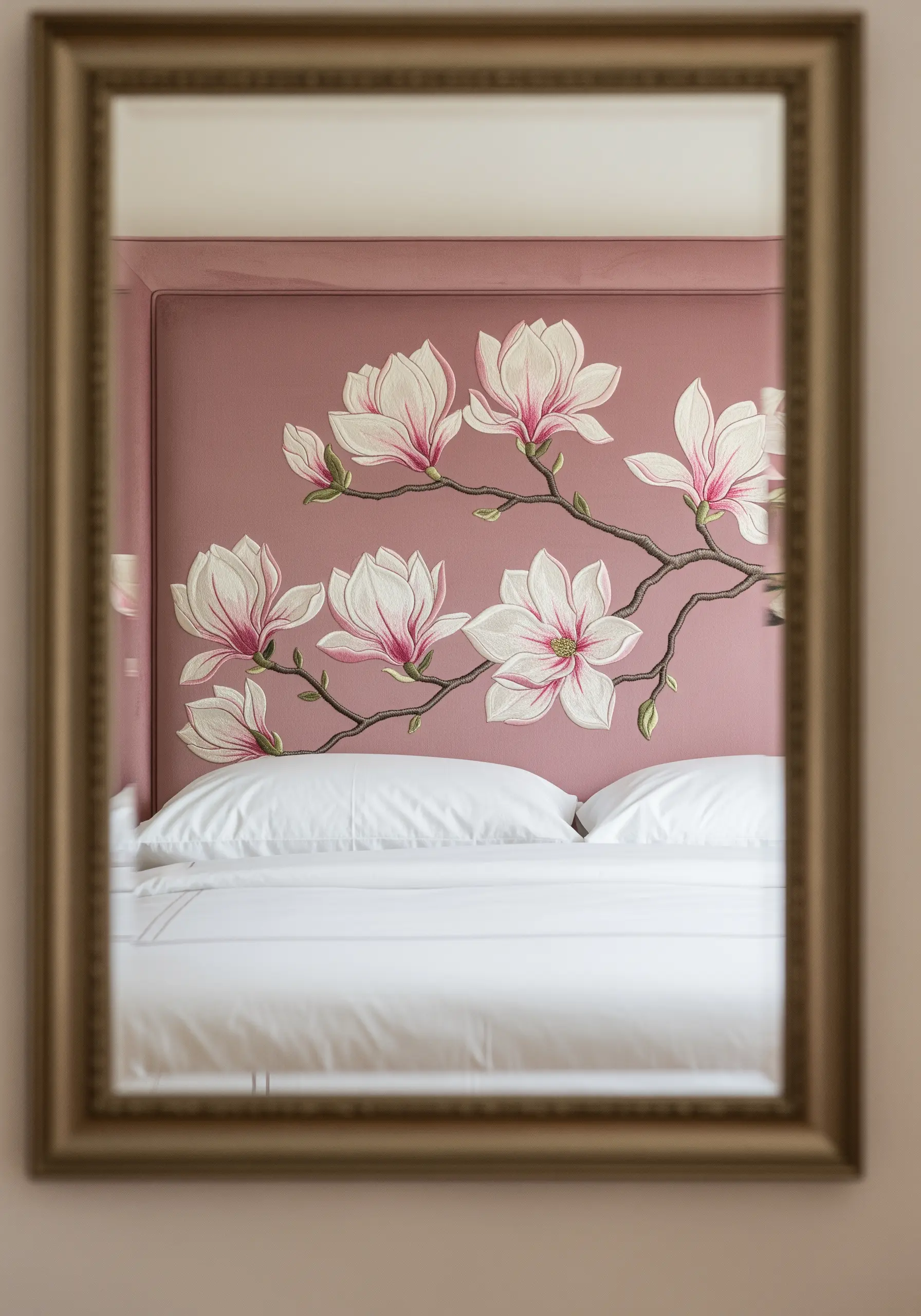 Large embroidered magnolia branch with pink and white flowers on a dusty rose headboard.