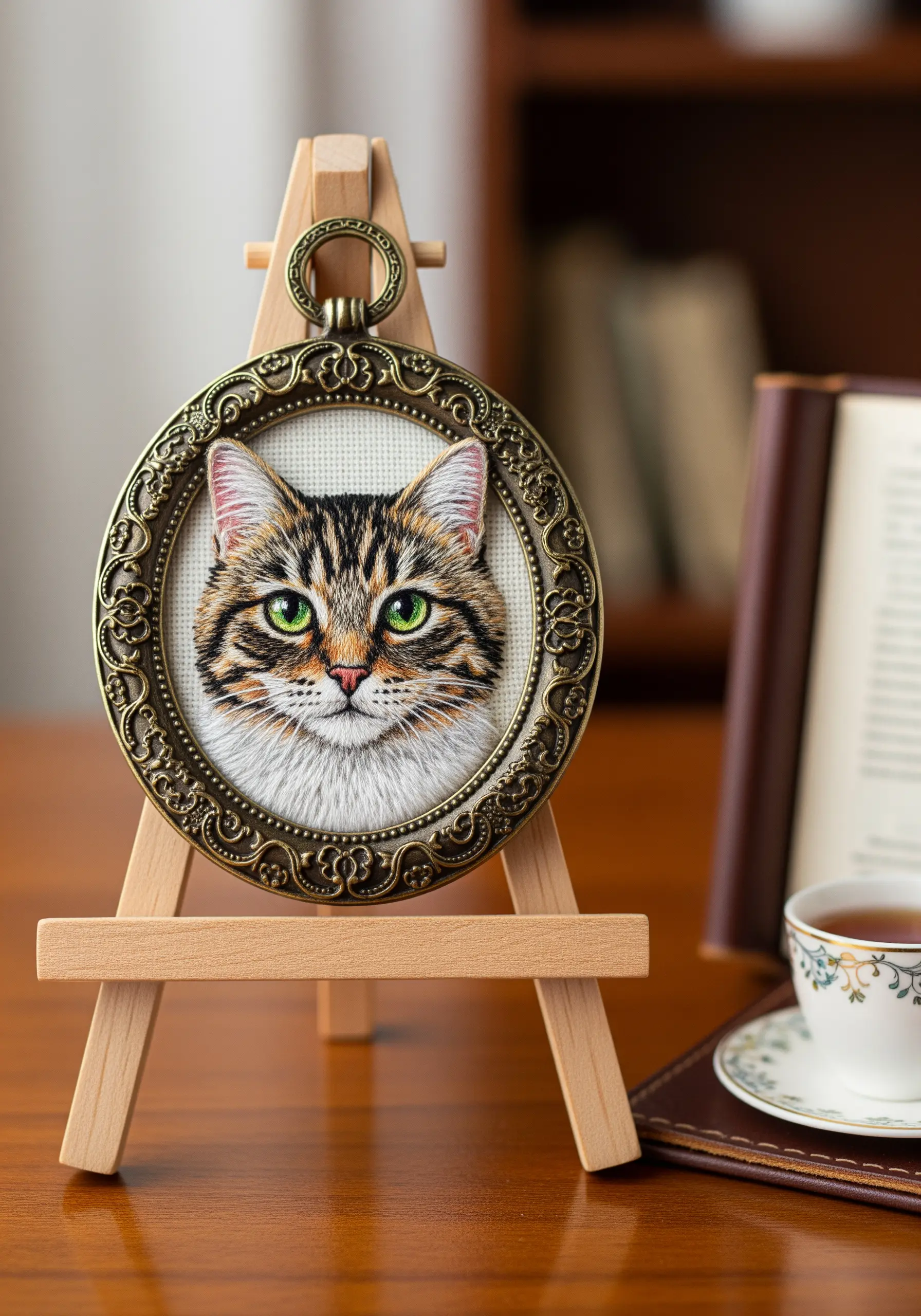 A hyper-realistic thread-painted portrait of a tabby cat in an ornate vintage-style frame.