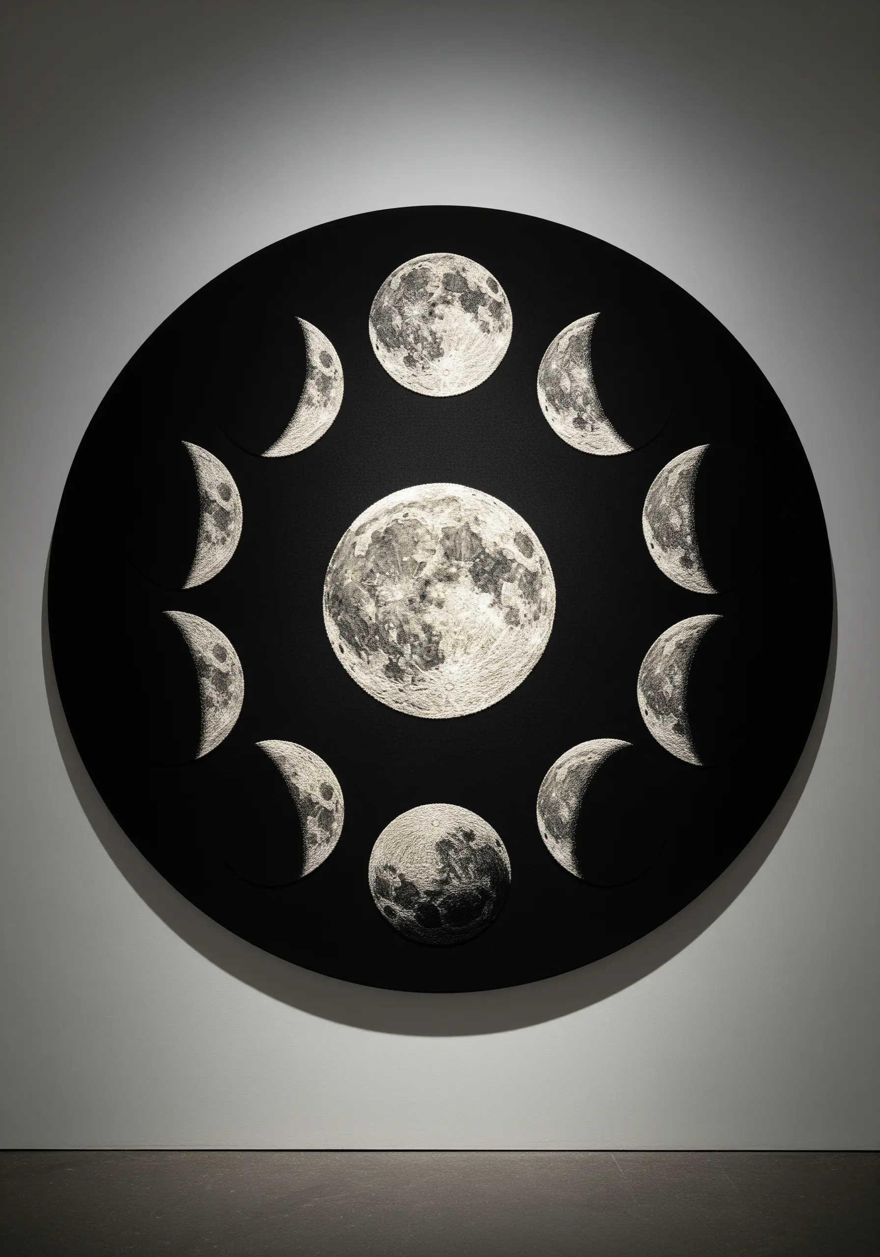 Embroidery of the moon phases on a black circular canvas, showing detailed thread-painted texture.
